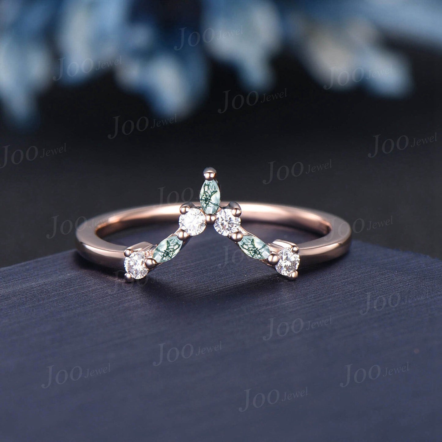 Moissanite Moss Agate Matching Band for Pear/Oval/Kite Cut Engagement Ring V Shape Chevron Ring Minimalist Curve Wedding Band Stacking Ring