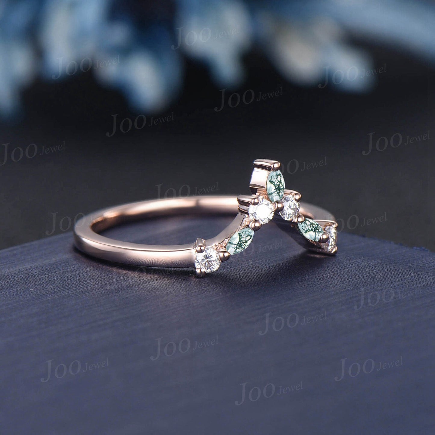 Moissanite Moss Agate Matching Band for Pear/Oval/Kite Cut Engagement Ring V Shape Chevron Ring Minimalist Curve Wedding Band Stacking Ring