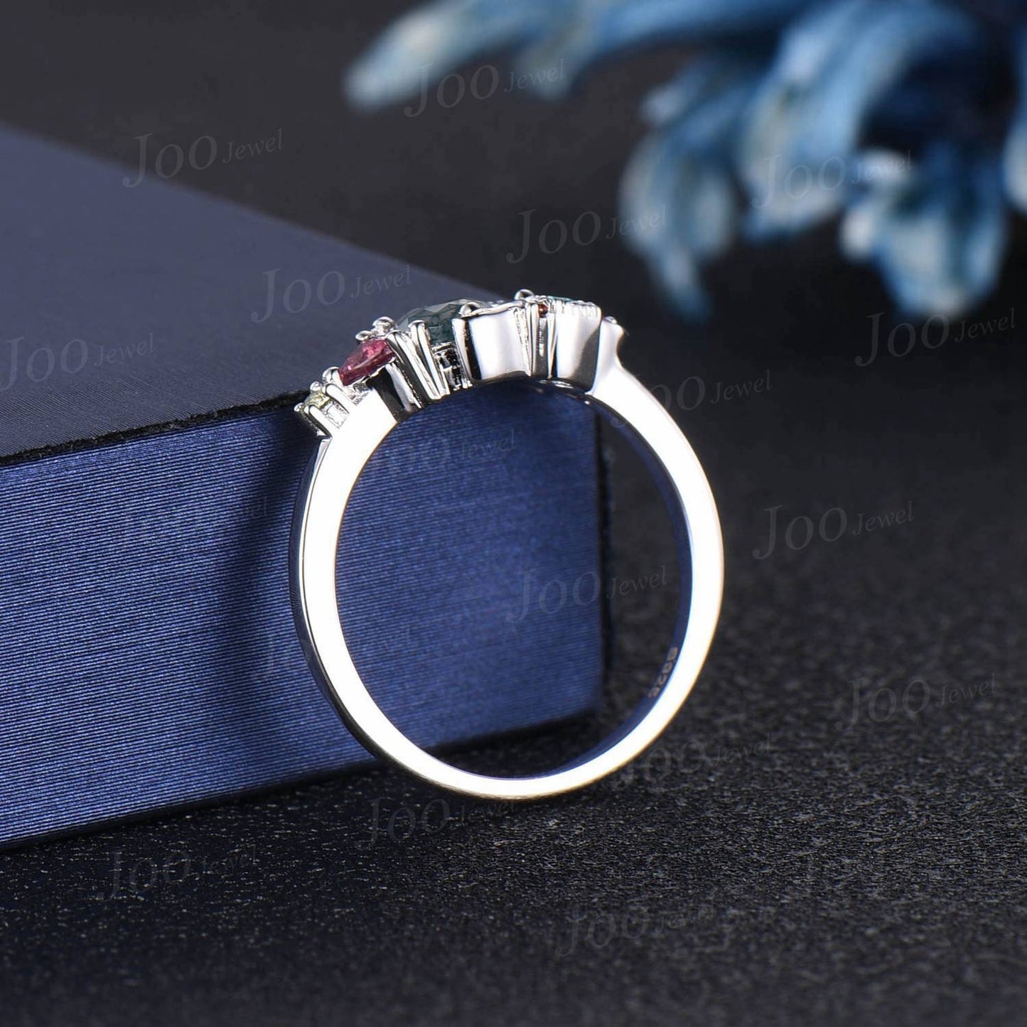 Round Natural Green Moss Agate Wedding Ring Cluster Pink Tourmailine Celestial Moon Ring Personalized Handmade Family Ring with Birthstones