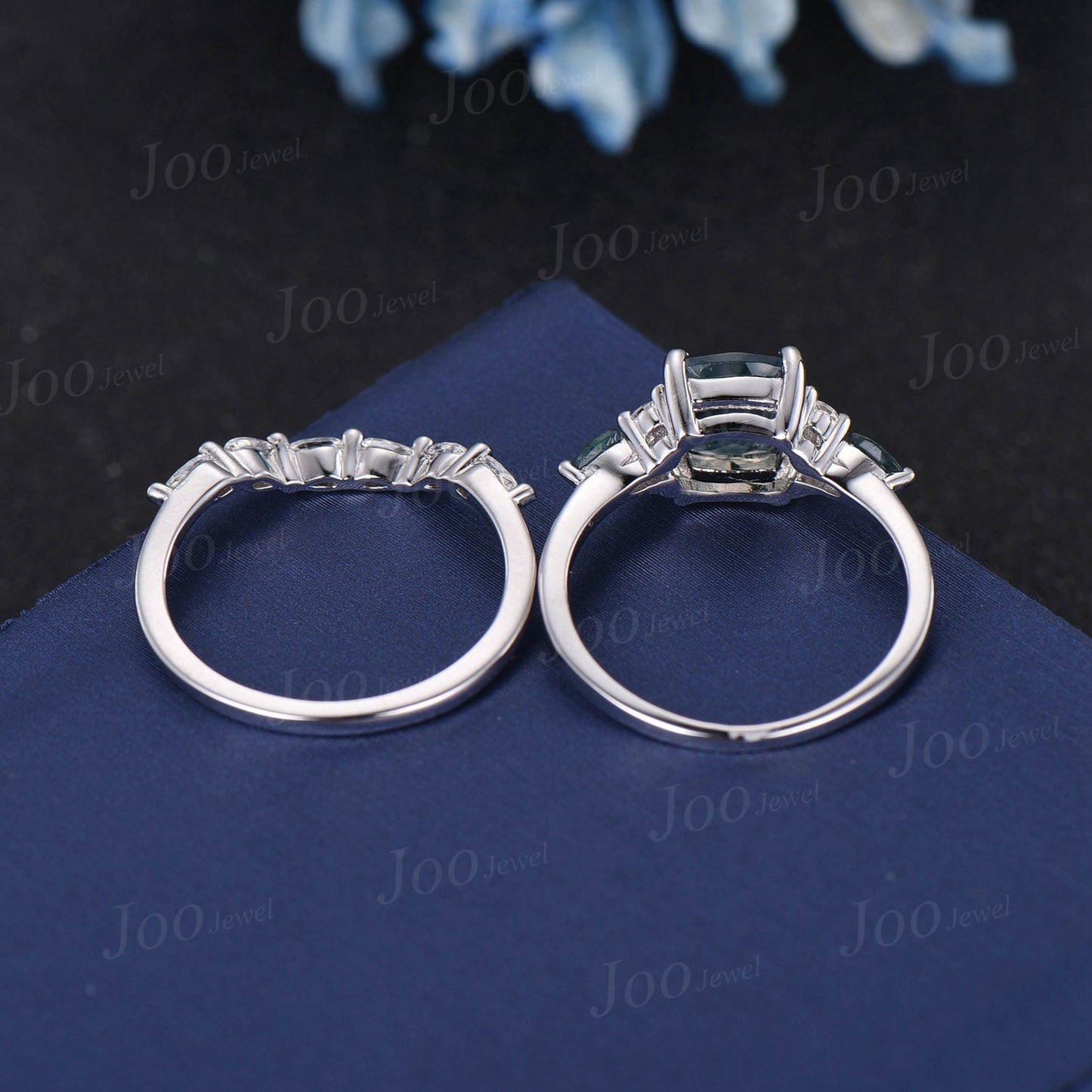 Sterling Silver Cushion Cut Natural Moss Agate Bridal Ring Set Pear Moissanite Wedding Band Green Gemstone Ring Handcrafted Gift For Women