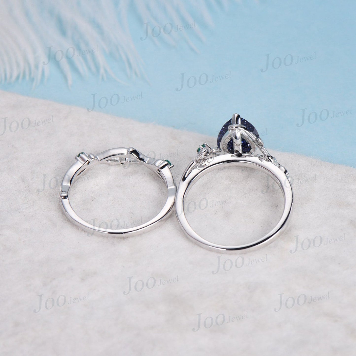 1.25ct Nature Inspired Pear Shaped Galaxy Blue Sandstone Ring Set Leaf Twig Ring Set Blue Goldstone Vine Wedding Band Unique Engagement Gift