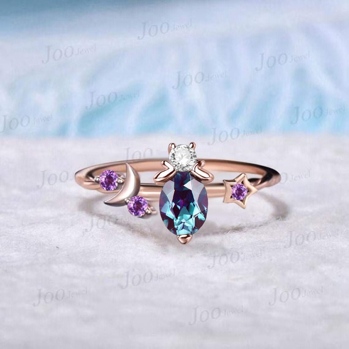 Unique Honey Bee Alexandrite Engagement Ring Moon Star Cluster Purple Amethyst Ring June Birthstone Jewelry Gift Asymmetrical Promise Rings