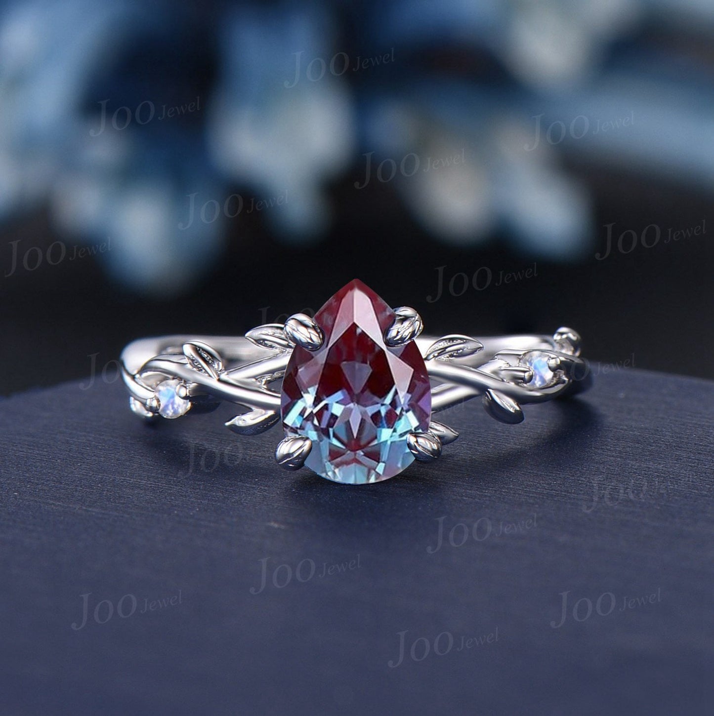1.25ct Nature Inspired Color-Change Alexandrite Moonstone Bridal Set Twig Vine Teardrop Alexandrite Ring Set June Birthstone Wedding Gifts