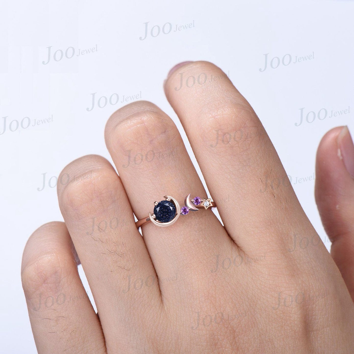 Vintage Blue Sandstone Engagement Ring,Round Gems,Moon Star Design,Art Deco Wedding Band,Unique Women Bridal Promise Ring,Sterling Silver