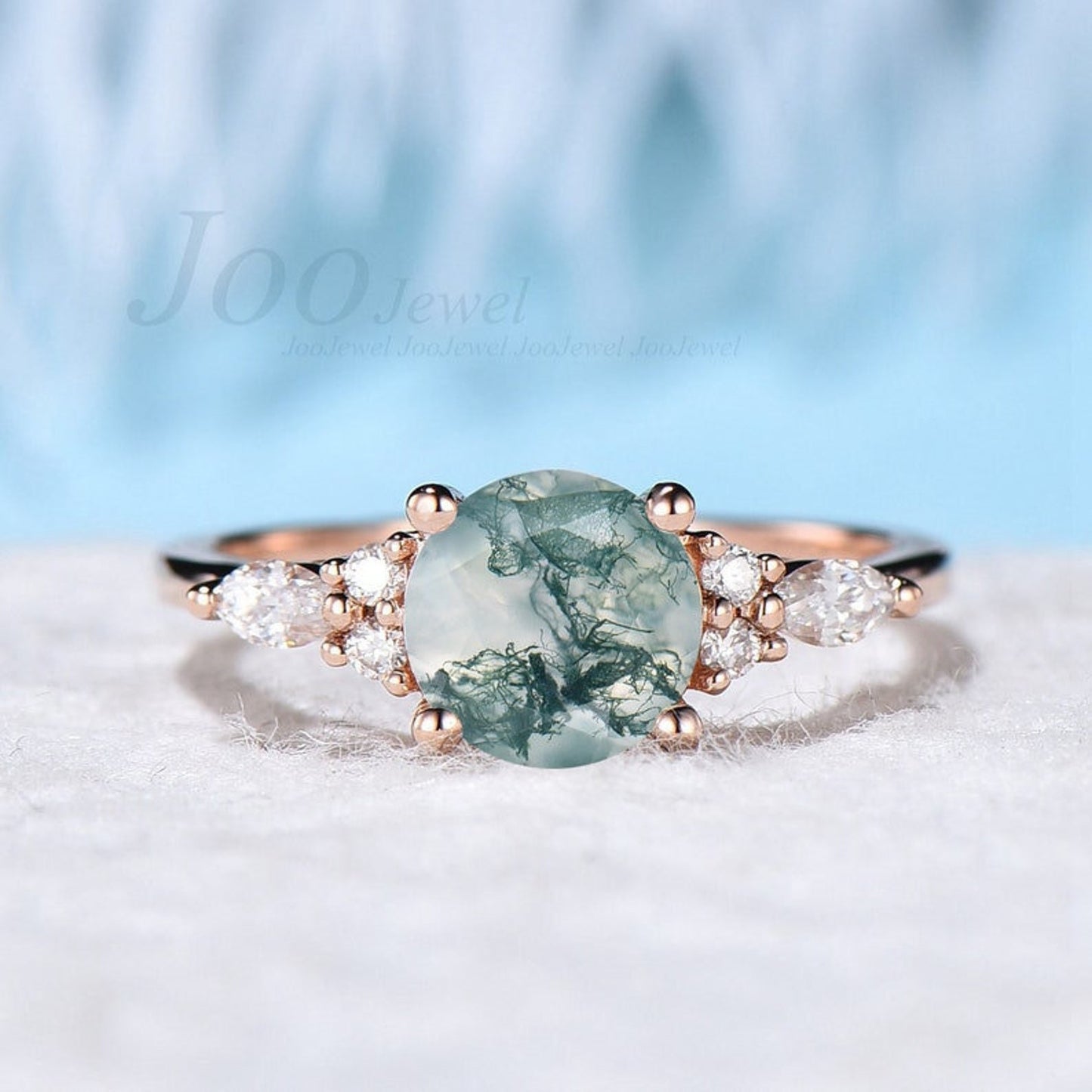 1.5ct Oval Natural Green Moss Agate Engagement Ring Rose Gold Cluster Aquatic Agate Promise Ring Woman Marquise Cut CZ Diamond Wedding Ring
