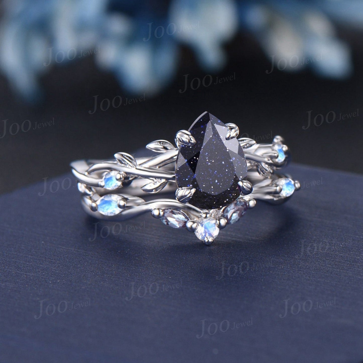 1.25ct Nature Inspired Pear Galaxy Blue Sandstone Moonstone Bridal Set Unique Twig Vine Teardrop Blue Goldstone Alexandrite Wedding Ring
