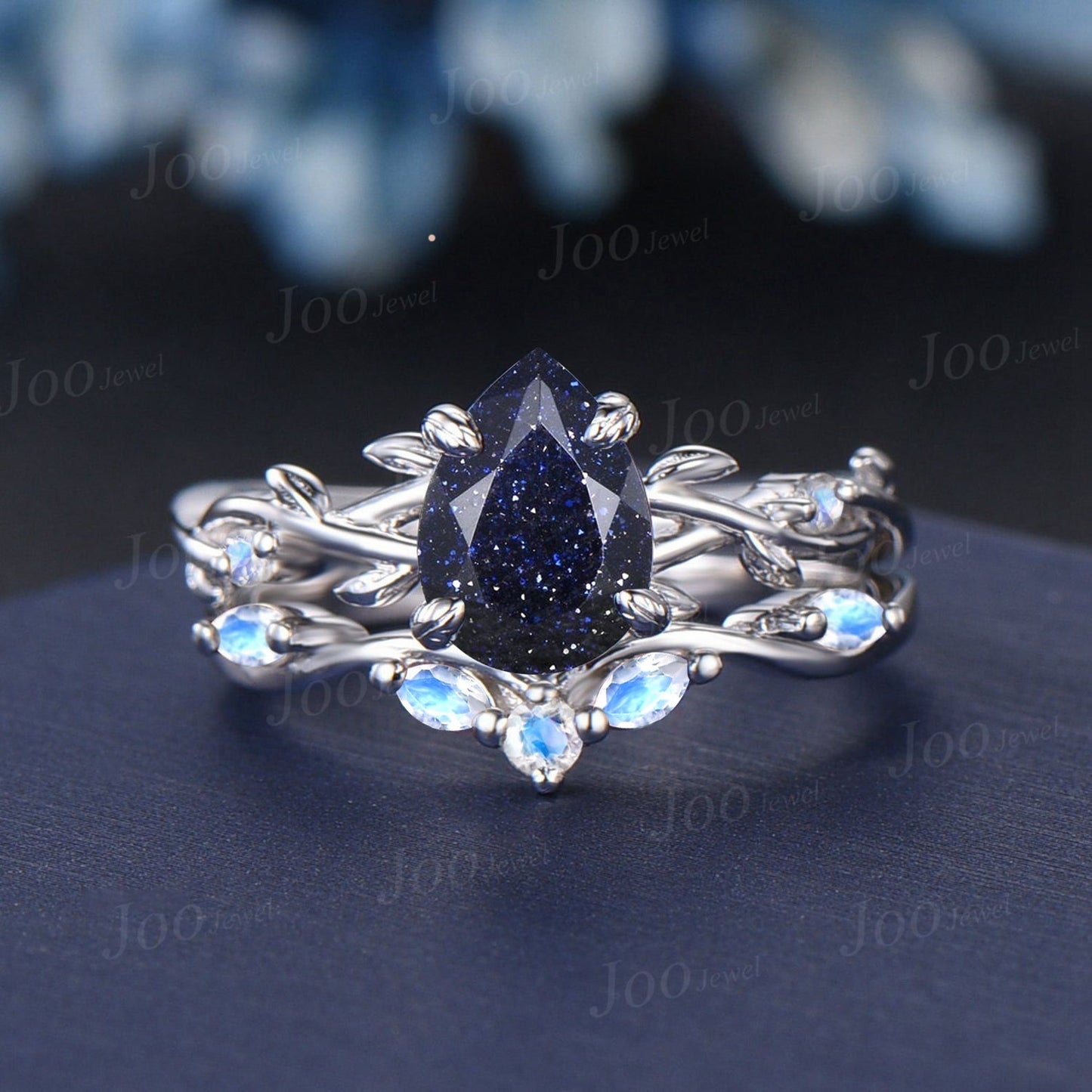 1.25ct Nature Inspired Pear Galaxy Blue Sandstone Moonstone Bridal Set Unique Twig Vine Teardrop Blue Goldstone Alexandrite Wedding Ring