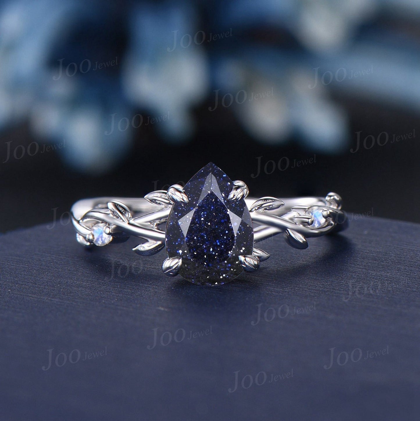 1.25ct Nature Inspired Pear Galaxy Blue Sandstone Moonstone Bridal Set Unique Twig Vine Teardrop Blue Goldstone Alexandrite Wedding Ring