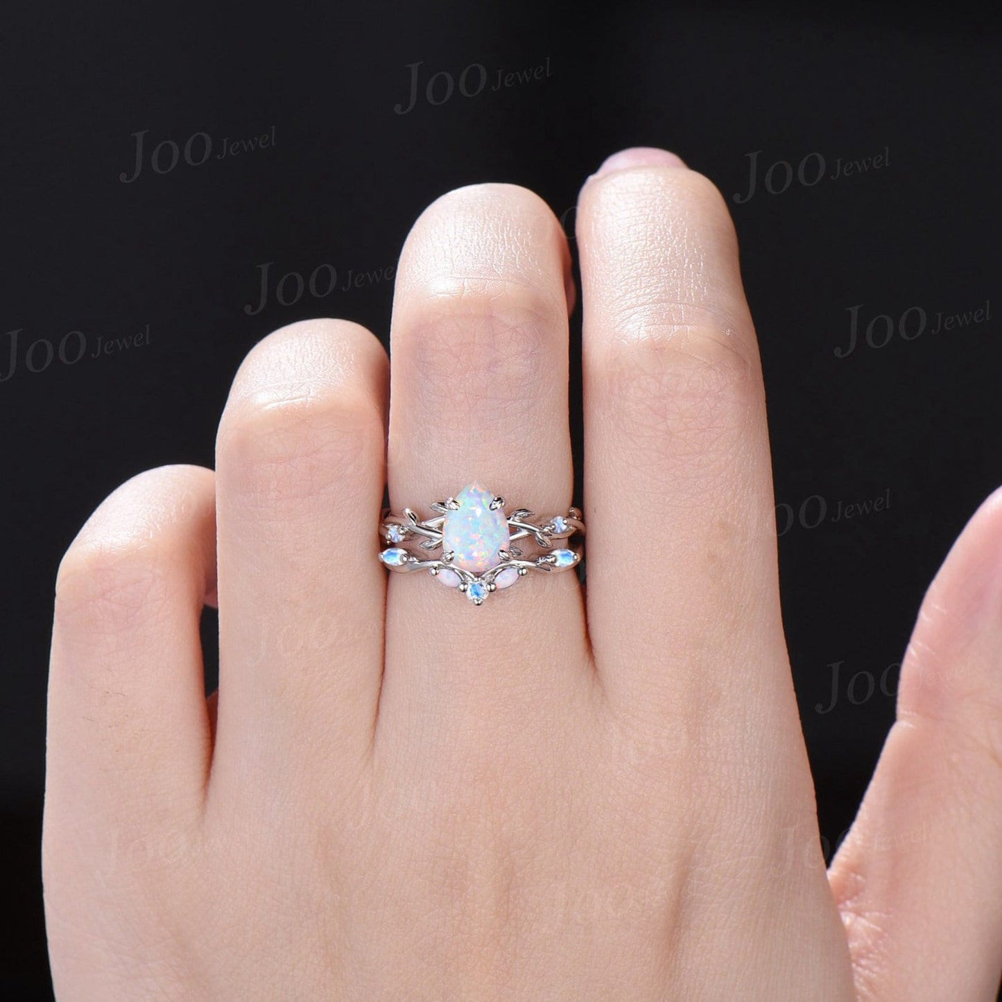 1.25ct Nature Inspired Pear Shaped White Opal Moonstone Bridal Set Unique 14k White Gold Twig Vine Teardrop Fire Opal Wedding Proposal Ring