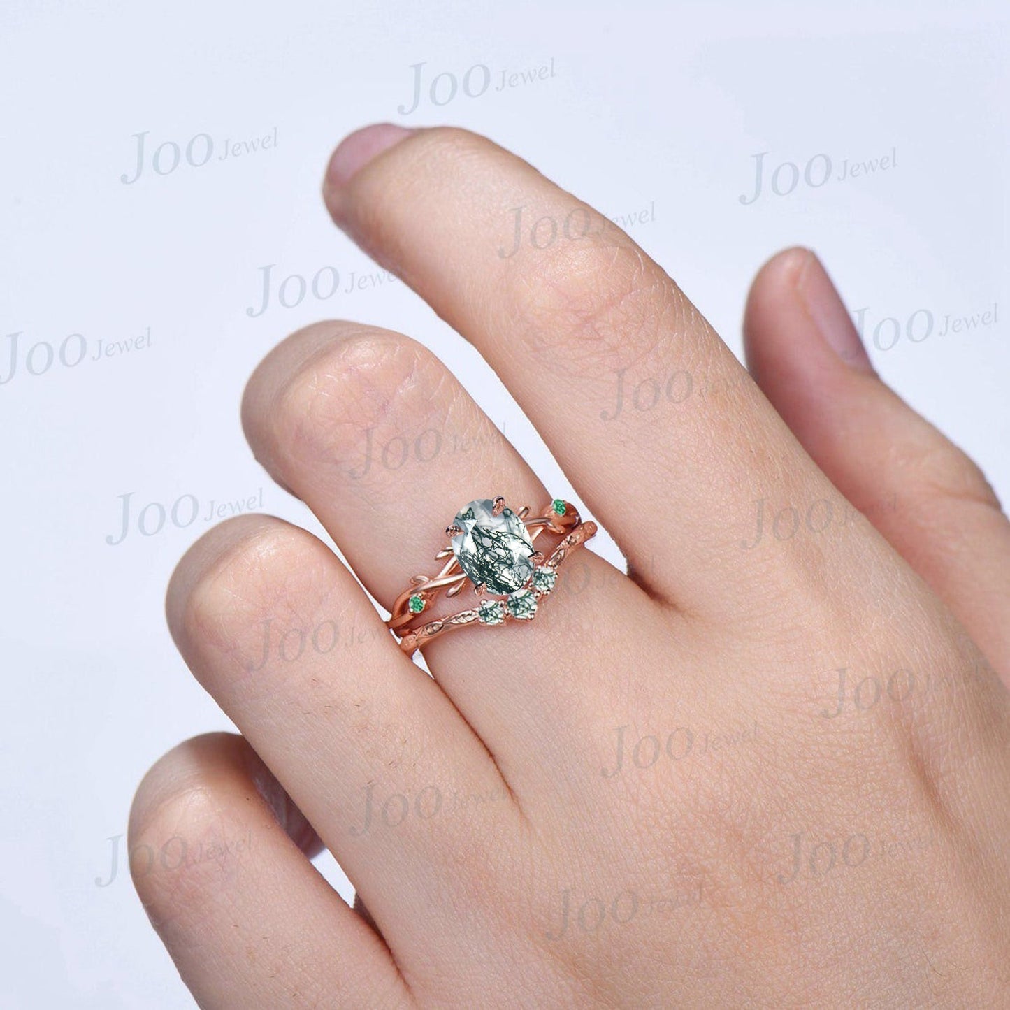1.5ct Oval Cut Nature Inspired Twig Moss Agate Engagement Ring Set Green Gemstone Jewelry Branch Vine Green Emerald Moss Agate Bridal Set