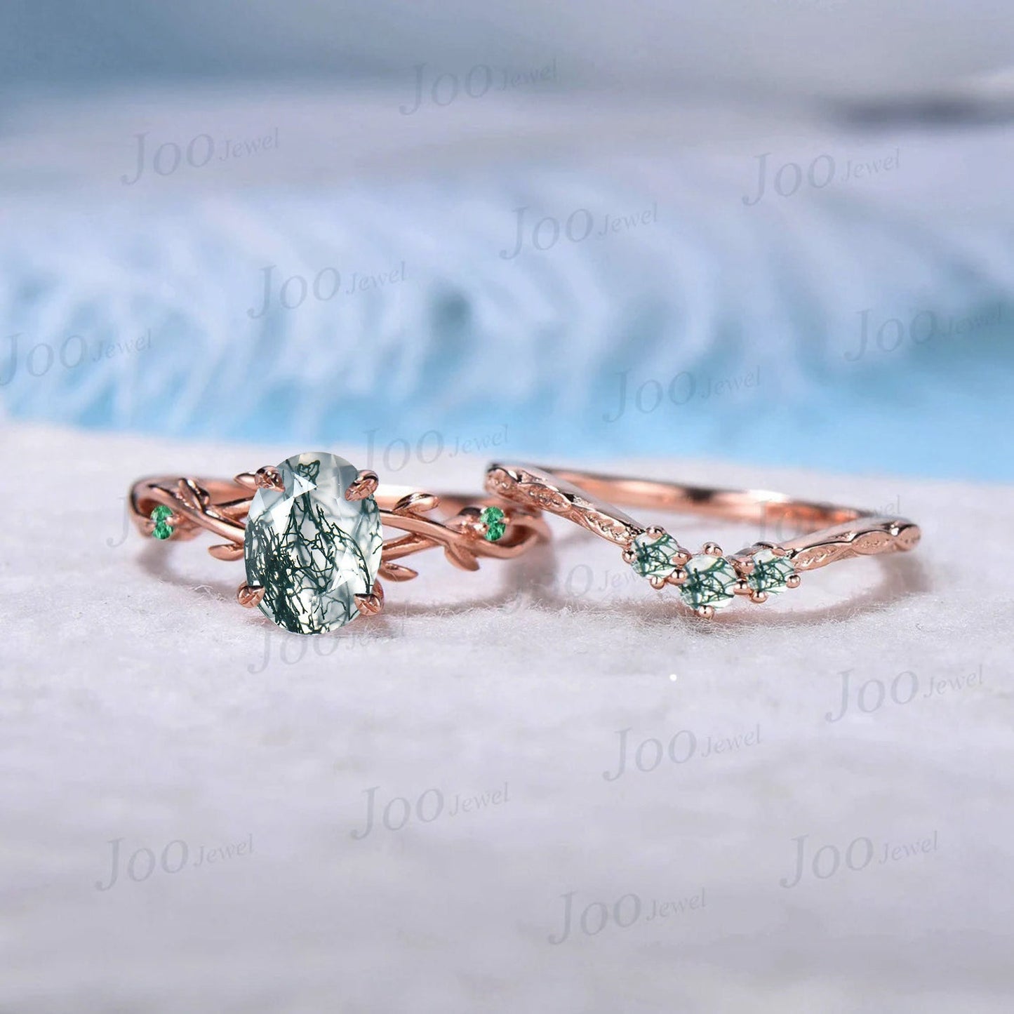 1.5ct Oval Cut Nature Inspired Twig Moss Agate Engagement Ring Set Green Gemstone Jewelry Branch Vine Green Emerald Moss Agate Bridal Set