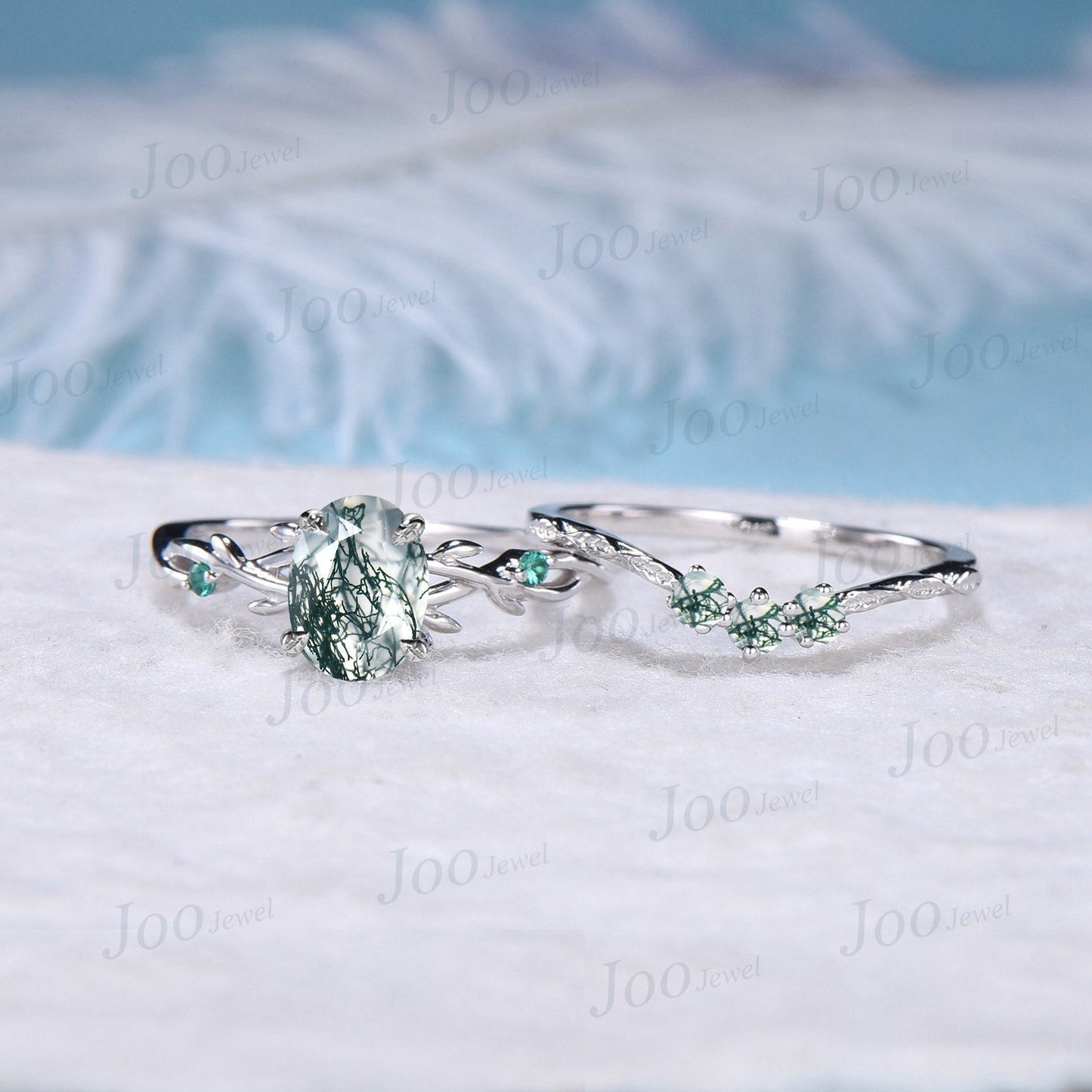 1.5ct Oval Cut Nature Inspired Twig Moss Agate Engagement Ring Set Green Gemstone Jewelry Branch Vine Green Emerald Moss Agate Bridal Set