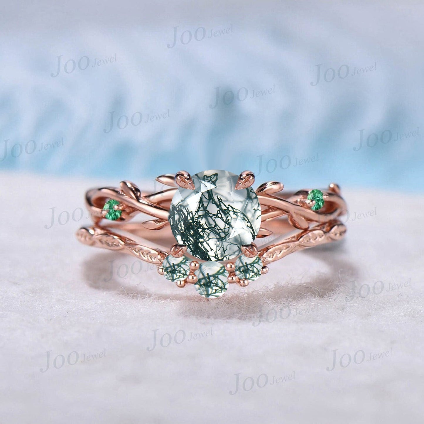 1.5ct Oval Cut Nature Inspired Twig Moss Agate Engagement Ring Set Green Gemstone Jewelry Branch Vine Green Emerald Moss Agate Bridal Set