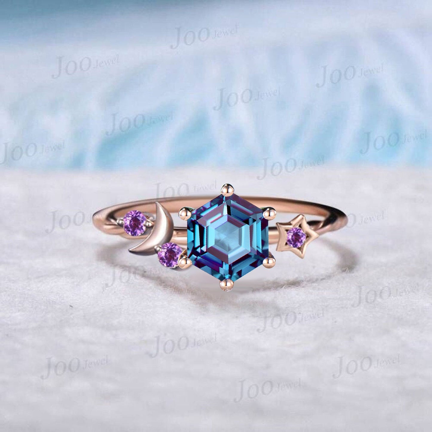 Kite Alexandrite Engagement Ring Moon Star Cluster Amethyst Celestial Wedding Ring June Birthstone Jewelry Gift Asymmetrical Promise Rings
