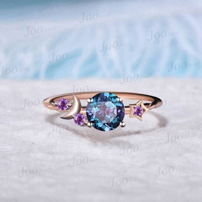 Kite Alexandrite Engagement Ring Moon Star Cluster Amethyst Celestial Wedding Ring June Birthstone Jewelry Gift Asymmetrical Promise Rings