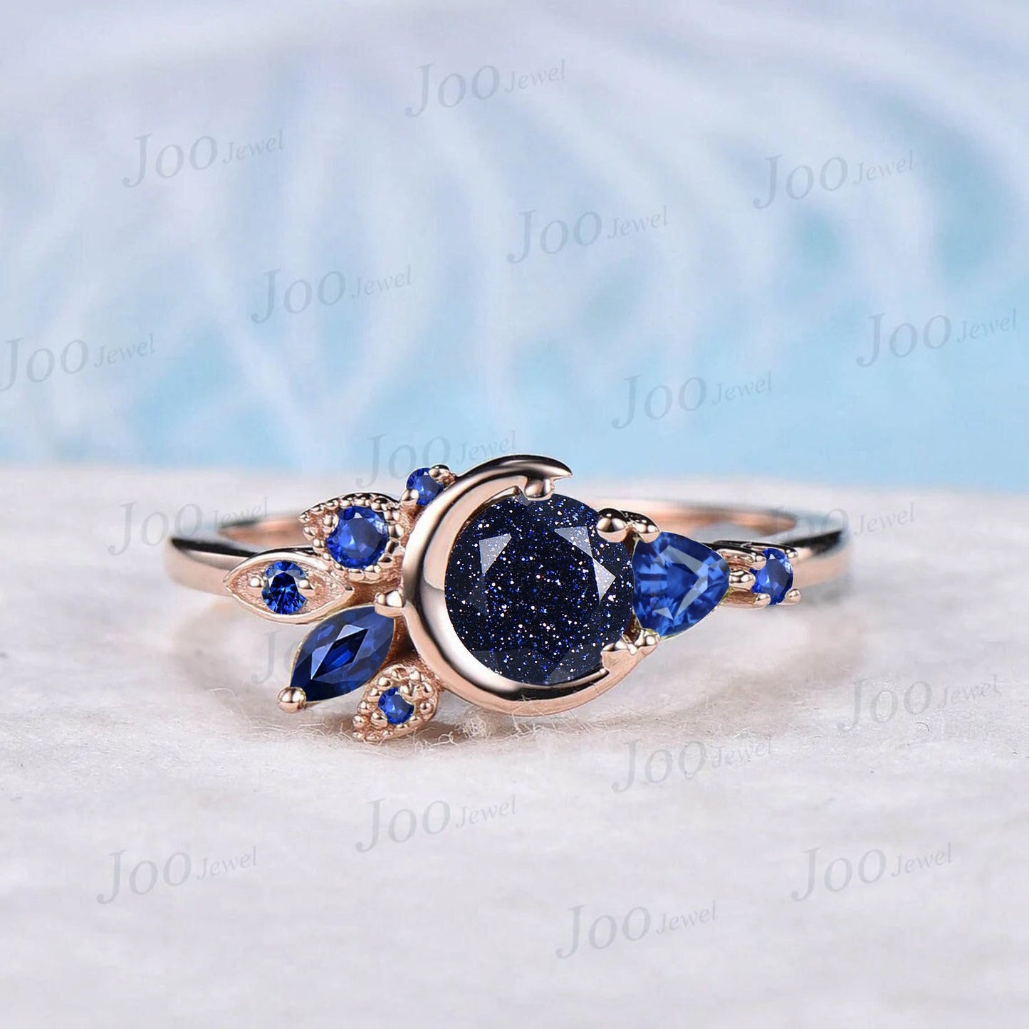 Round Galaxy Blue Goldstone Engagement Ring 10K Rose Gold Celestial Moon Wedding Ring Cluster Blue Sapphire Ring September Birthstone Gifts