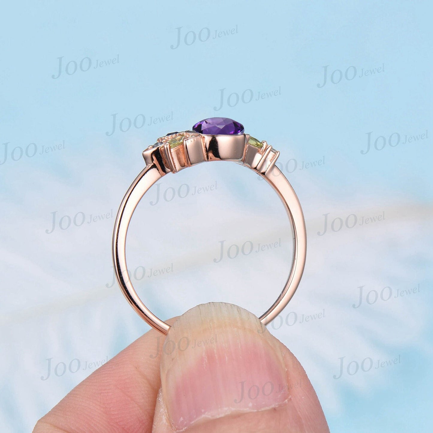Round Natural Amethyst Engagement Ring Rose Gold Celestial Moon Wedding Ring Cluster Crystal Purple Amethyst Ring February Birthstone Gifts