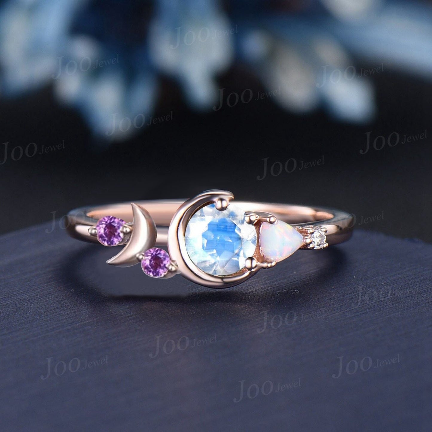 5mm Round Natural Rainbow Moonstone Opal Ring Cluster Amethyst Celestial Moon Wedding Ring Personalized Handcrafted June Birthstone Gifts