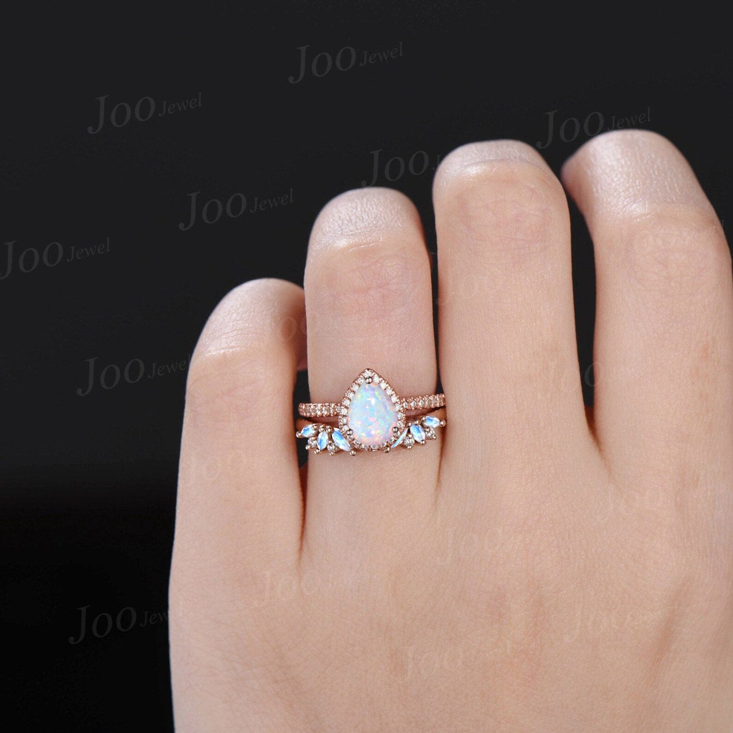 Teardrop Cut White Opal Moonstone Bridal Set 10K Rose Gold Open Band Vintage Halo Moissanite Engagement Ring Half Eternity Opal Promise Ring