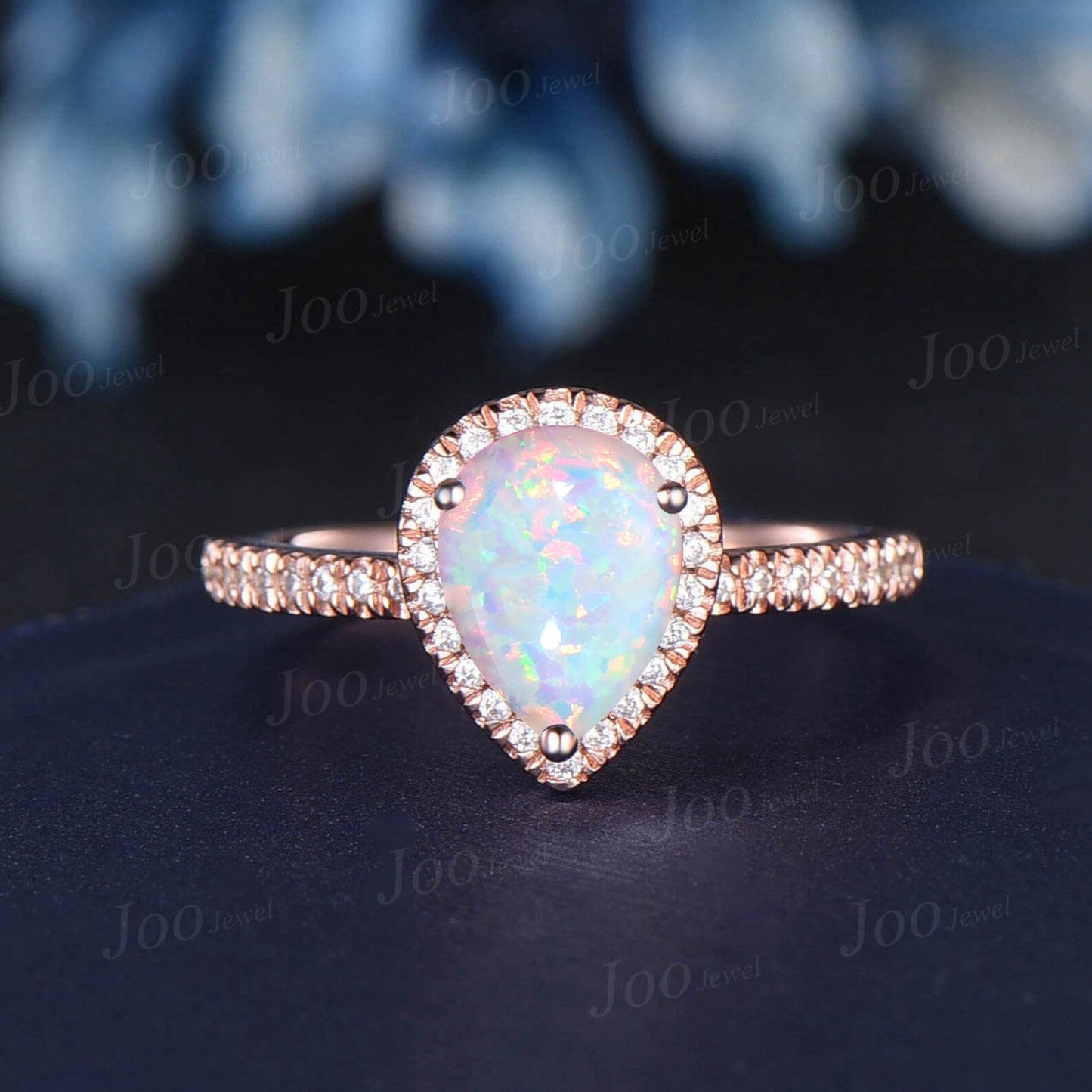 Teardrop Cut White Opal Moonstone Bridal Set 10K Rose Gold Open Band Vintage Halo Moissanite Engagement Ring Half Eternity Opal Promise Ring