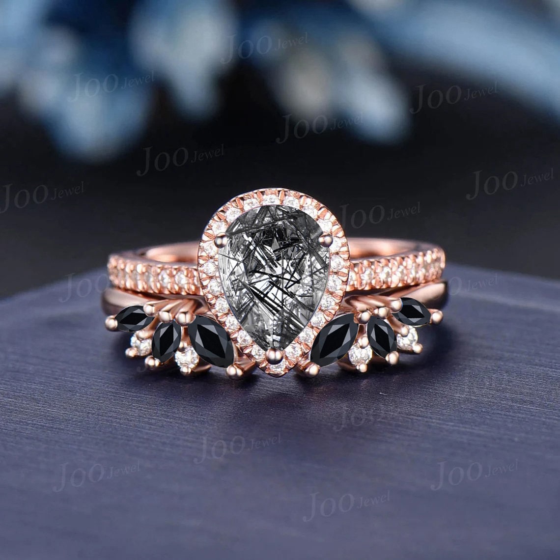 1.25ct Teardrop Cut Natural Black Rutilated Quartz Ring Set Cluster Black Spinel Open Band Halo Moissanite Ring Half Eternity Promise Rings