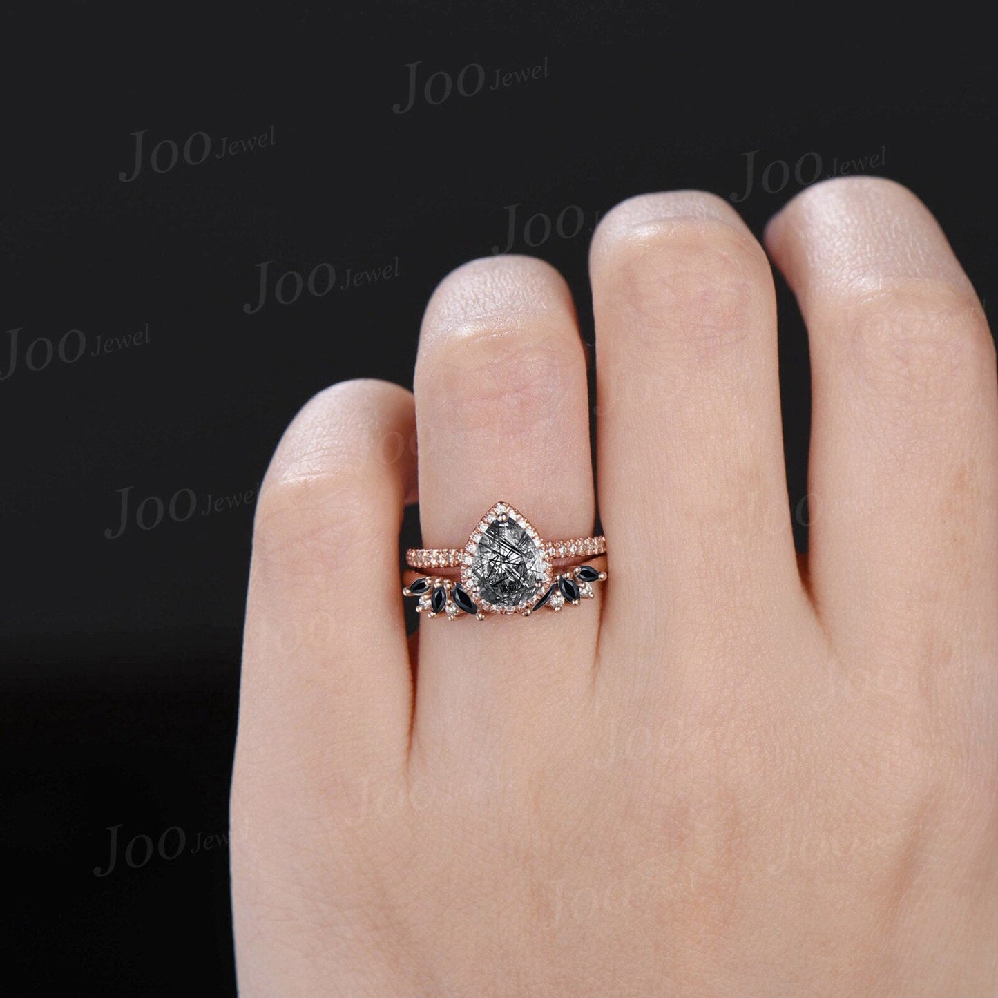 1.25ct Teardrop Cut Natural Black Rutilated Quartz Ring Set Cluster Black Spinel Open Band Halo Moissanite Ring Half Eternity Promise Rings