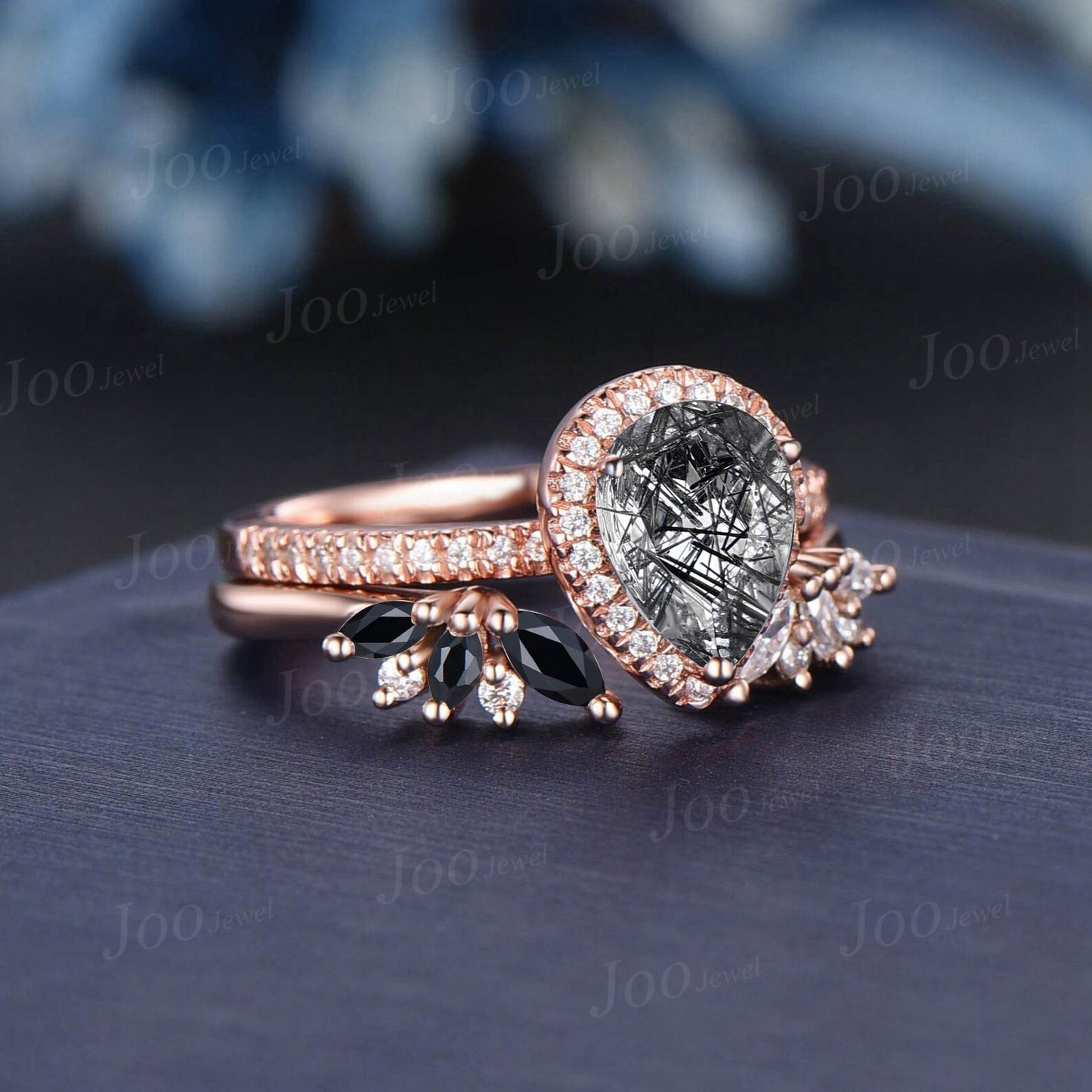 1.25ct Teardrop Cut Natural Black Rutilated Quartz Ring Set Cluster Black Spinel Open Band Halo Moissanite Ring Half Eternity Promise Rings