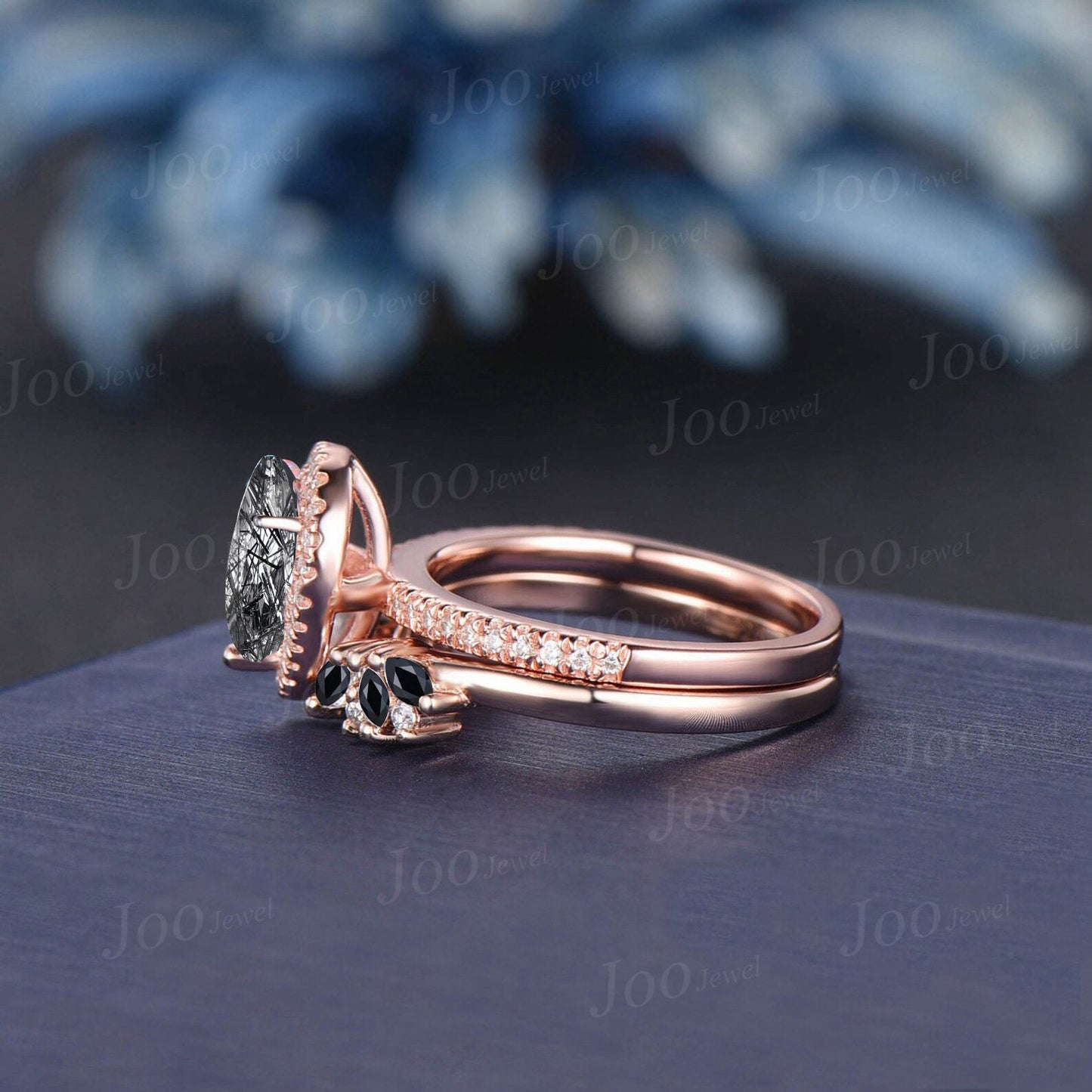 1.25ct Teardrop Cut Natural Black Rutilated Quartz Ring Set Cluster Black Spinel Open Band Halo Moissanite Ring Half Eternity Promise Rings