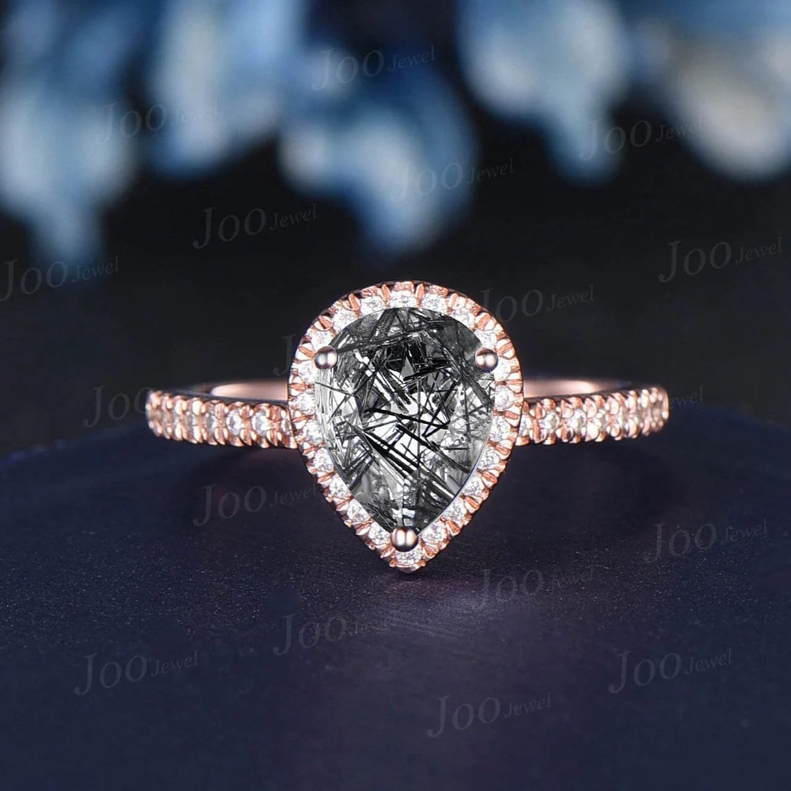 1.25ct Teardrop Cut Natural Black Rutilated Quartz Ring Set Cluster Black Spinel Open Band Halo Moissanite Ring Half Eternity Promise Rings