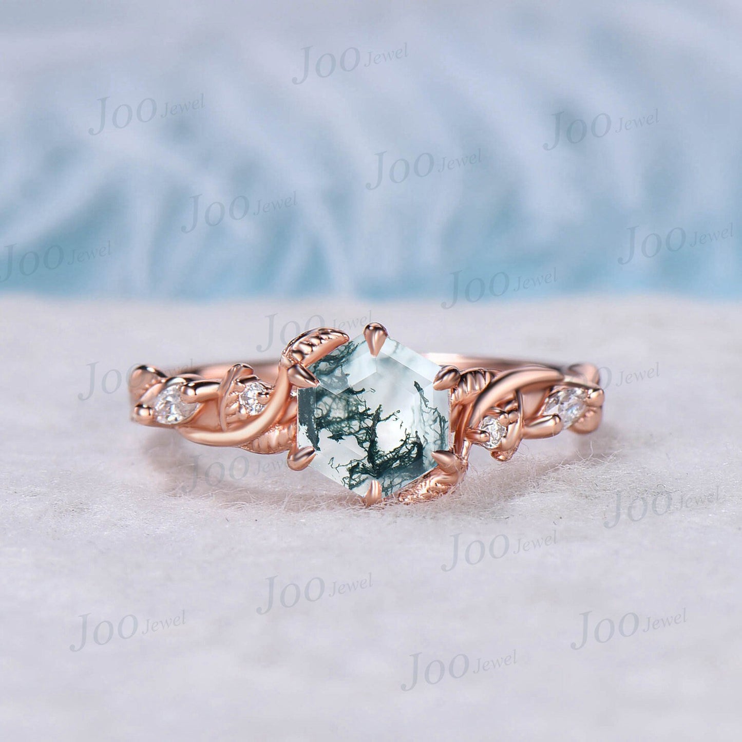 1ct Hexagon Natural Moss Agate Bridal Set 14K Rose Gold Nature Inspired Moss Agate Engagement Ring Set Moissanite Wedding Ring Propose Gift
