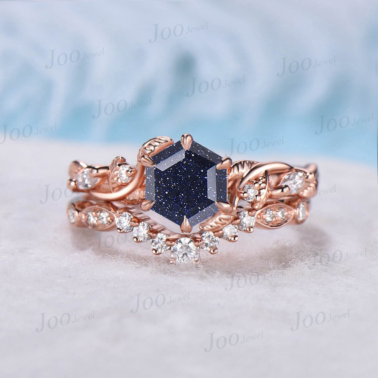1ct Hexagon Galaxy Blue Goldstone Bridal Set 14K Rose Gold Nature Inspired Blue Sandstone Engagement Ring Set Moissanite Wedding Ring Gifts