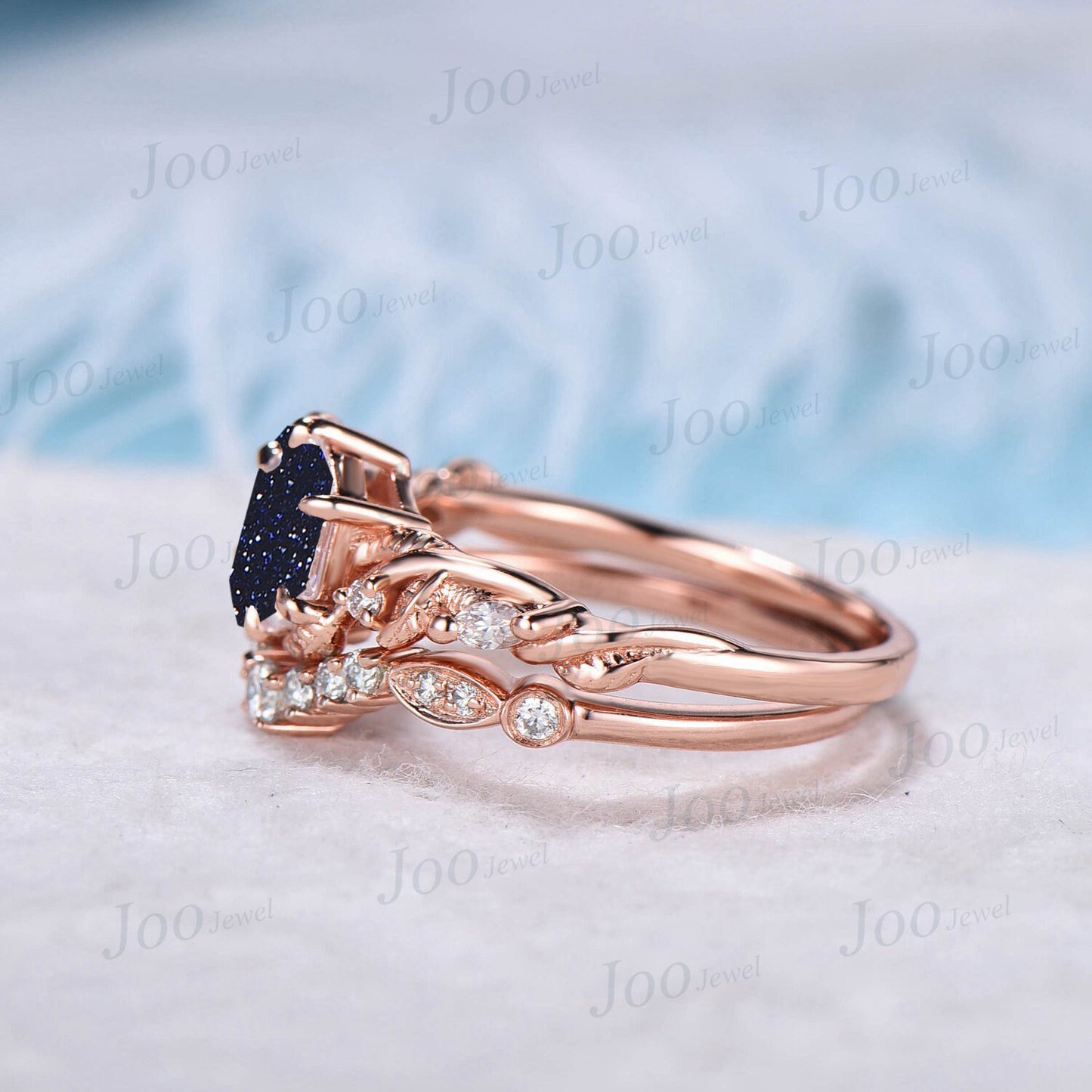1ct Hexagon Galaxy Blue Goldstone Bridal Set 14K Rose Gold Nature Inspired Blue Sandstone Engagement Ring Set Moissanite Wedding Ring Gifts