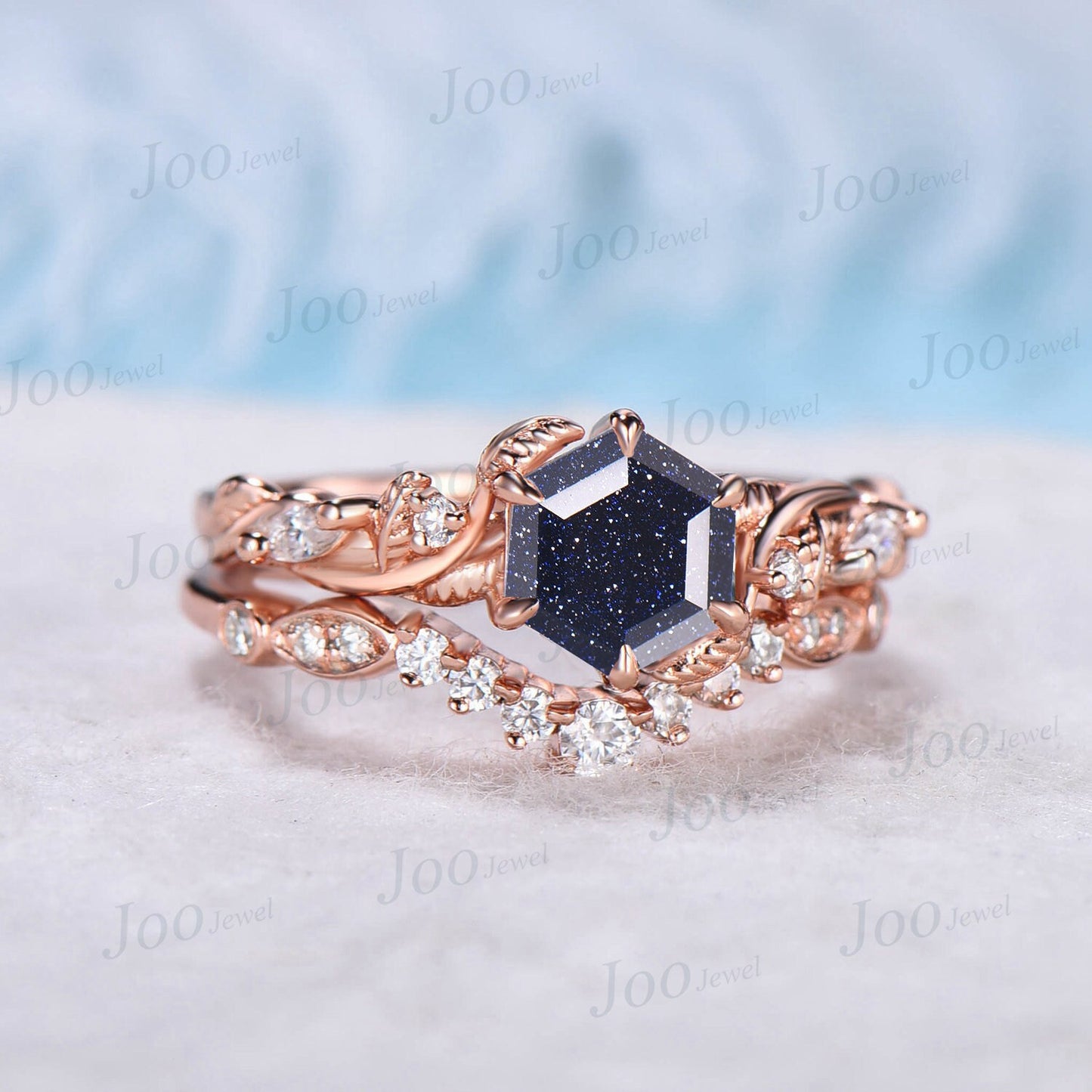 1ct Hexagon Galaxy Blue Goldstone Bridal Set 14K Rose Gold Nature Inspired Blue Sandstone Engagement Ring Set Moissanite Wedding Ring Gifts