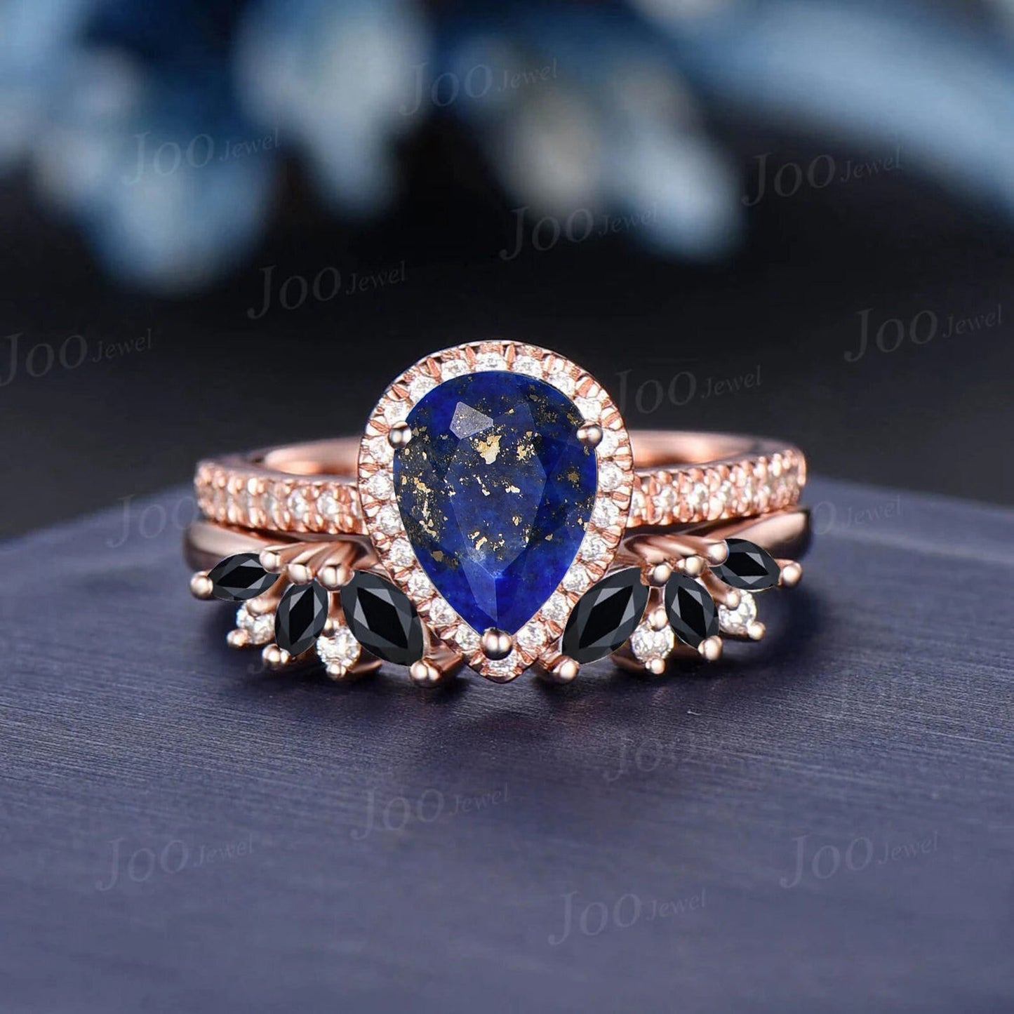 1.25ct Teardrop Cut Natural Lapis Lazuli & Black Onyx Ring Set Cluster Open Band Halo Moissanite Ring Half Eternity Lapis Gold Promise Rings