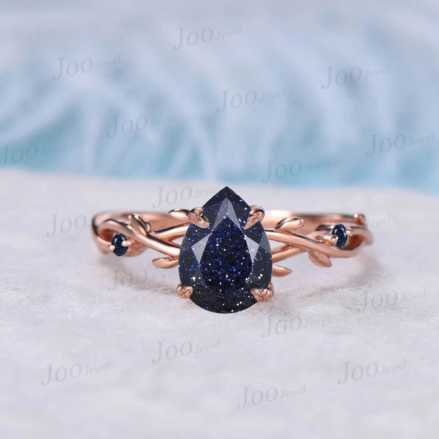 1.25ct Teardrop Nature Inspired Galaxy Blue Goldstone Engagement Ring Set Blue Gemstone Jewelry Twig Branch Vine Blue Sandstone Wedding Ring