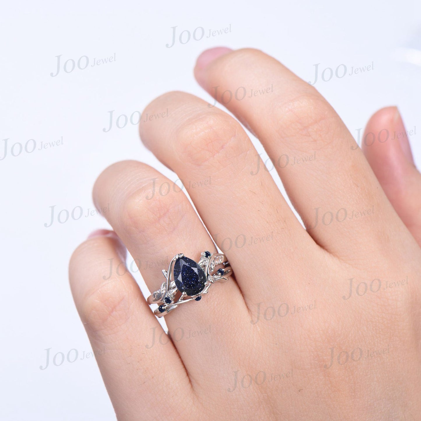 1.25ct Nature Inspired Pear Shaped Galaxy Blue Sandstone Ring Set Leaf Twig Ring Set Blue Goldstone Vine Wedding Band Unique Engagement Gift