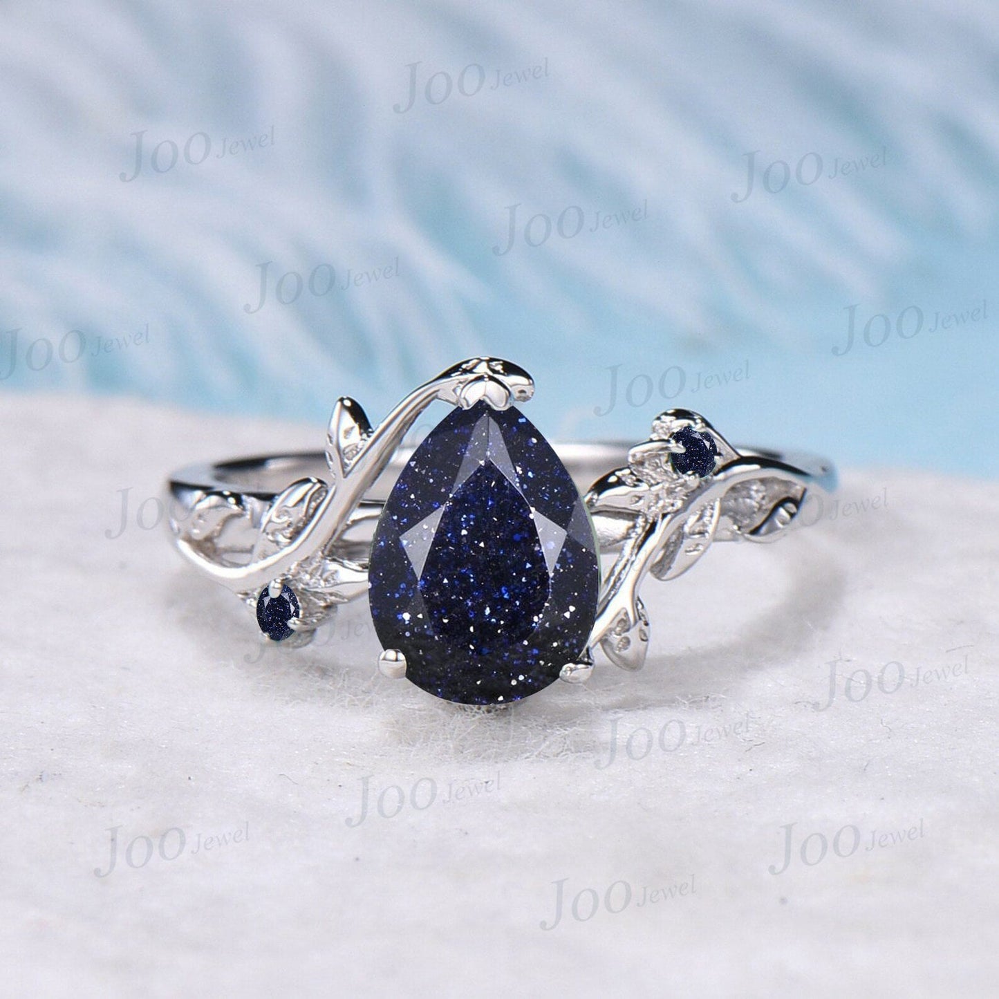 1.25ct Nature Inspired Pear Shaped Galaxy Blue Sandstone Ring Set Leaf Twig Ring Set Blue Goldstone Vine Wedding Band Unique Engagement Gift
