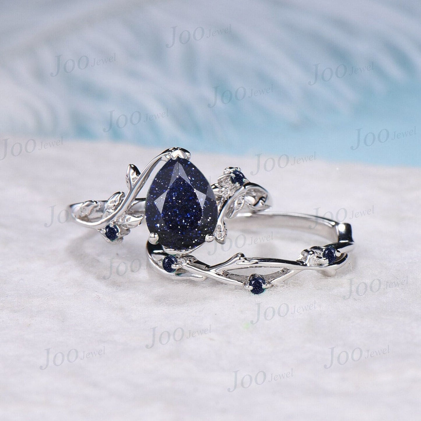 1.25ct Nature Inspired Pear Shaped Galaxy Blue Sandstone Ring Set Leaf Twig Ring Set Blue Goldstone Vine Wedding Band Unique Engagement Gift