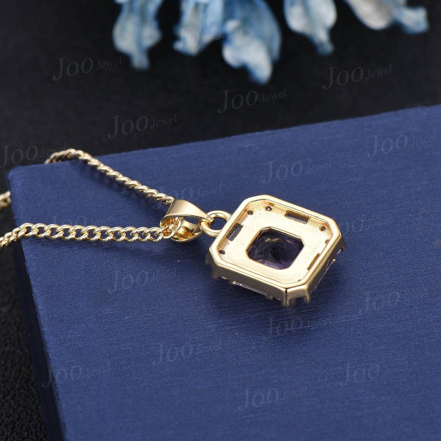 8mm Cushion Cut Natural Amethyst Crystal Pendant Necklace Women Solid 14K/18K Gold Purple Gemstone Pendant February Birthstone Birthday Gift