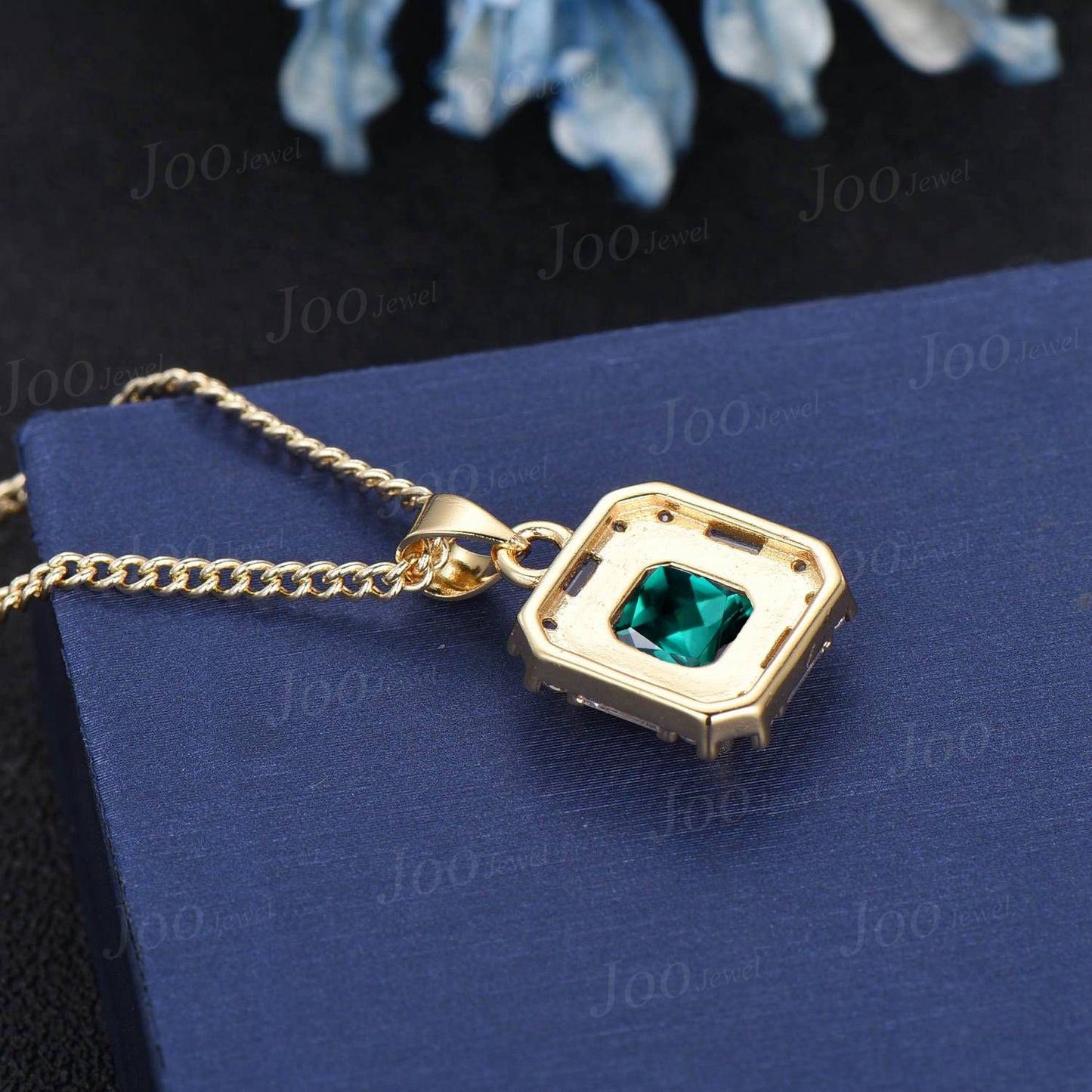 8mm Cushion Cut Green Emerald Moissanite Pendant Necklace Women Solid 14K Yellow Gold Gemstone Pendant May Birthstone Jewelry Wedding Gift