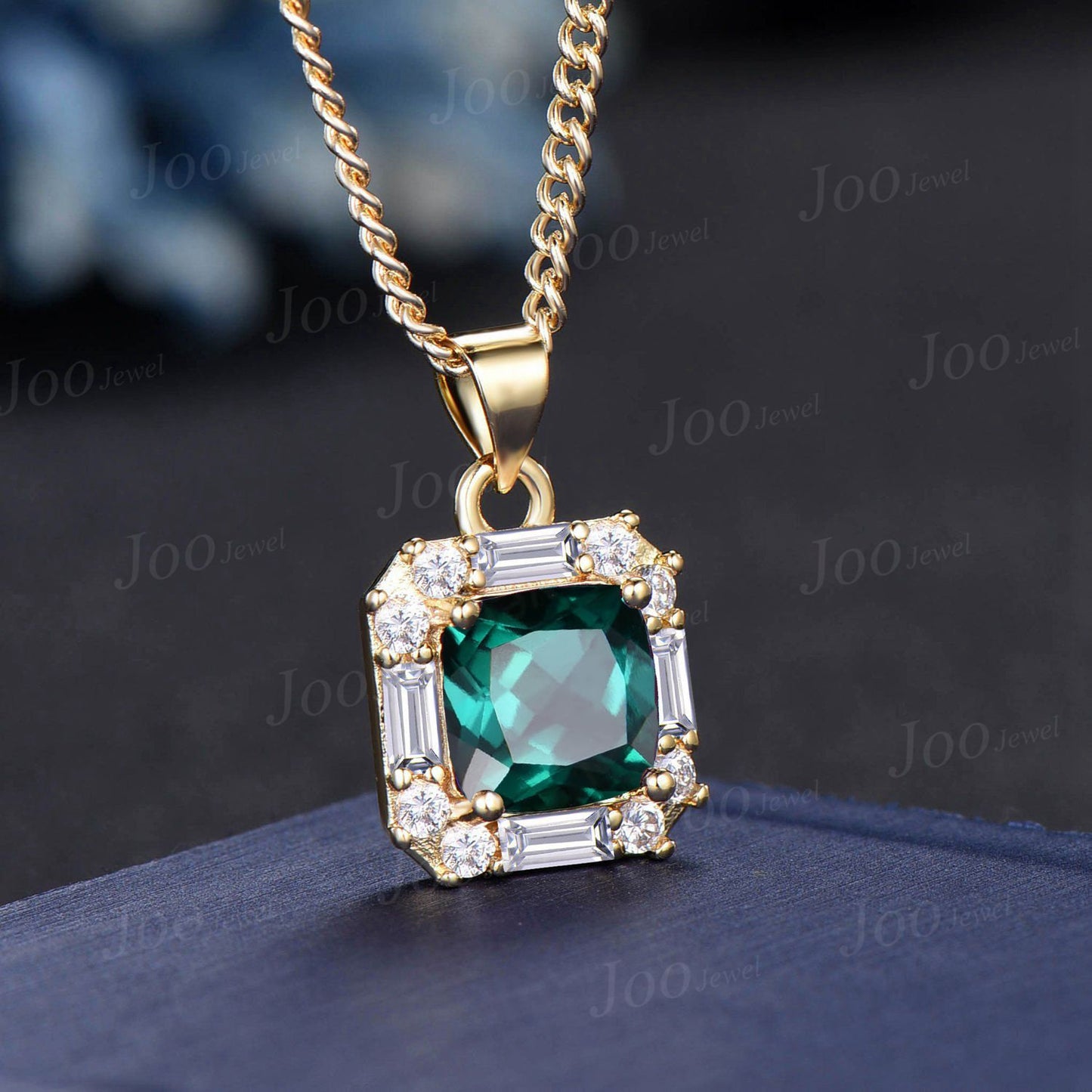 8mm Cushion Cut Green Emerald Moissanite Pendant Necklace Women Solid 14K Yellow Gold Gemstone Pendant May Birthstone Jewelry Wedding Gift