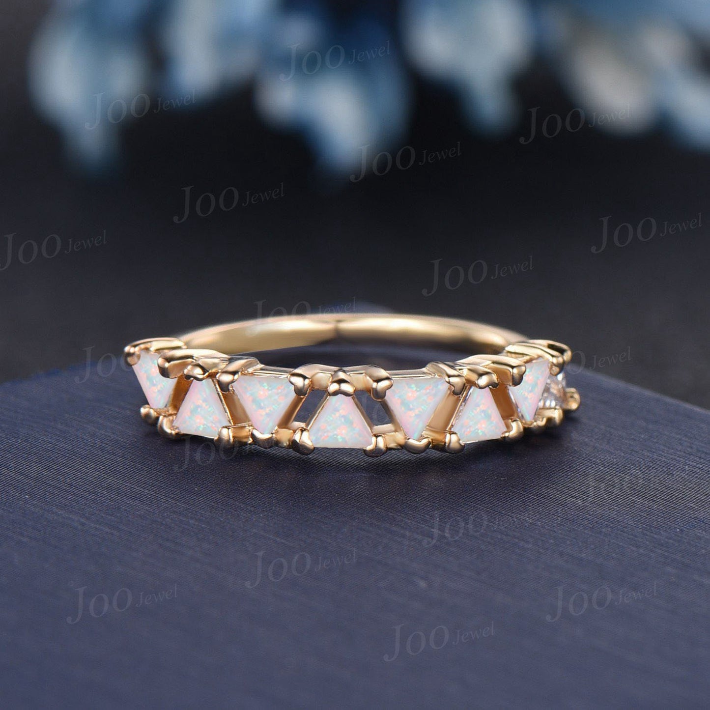 Trillion Cut White Opal Wedding Band for Women Vintage Gold Triangle Shaped Half Eternity Opal Band Unique October Birthstone Birthday Gifts
