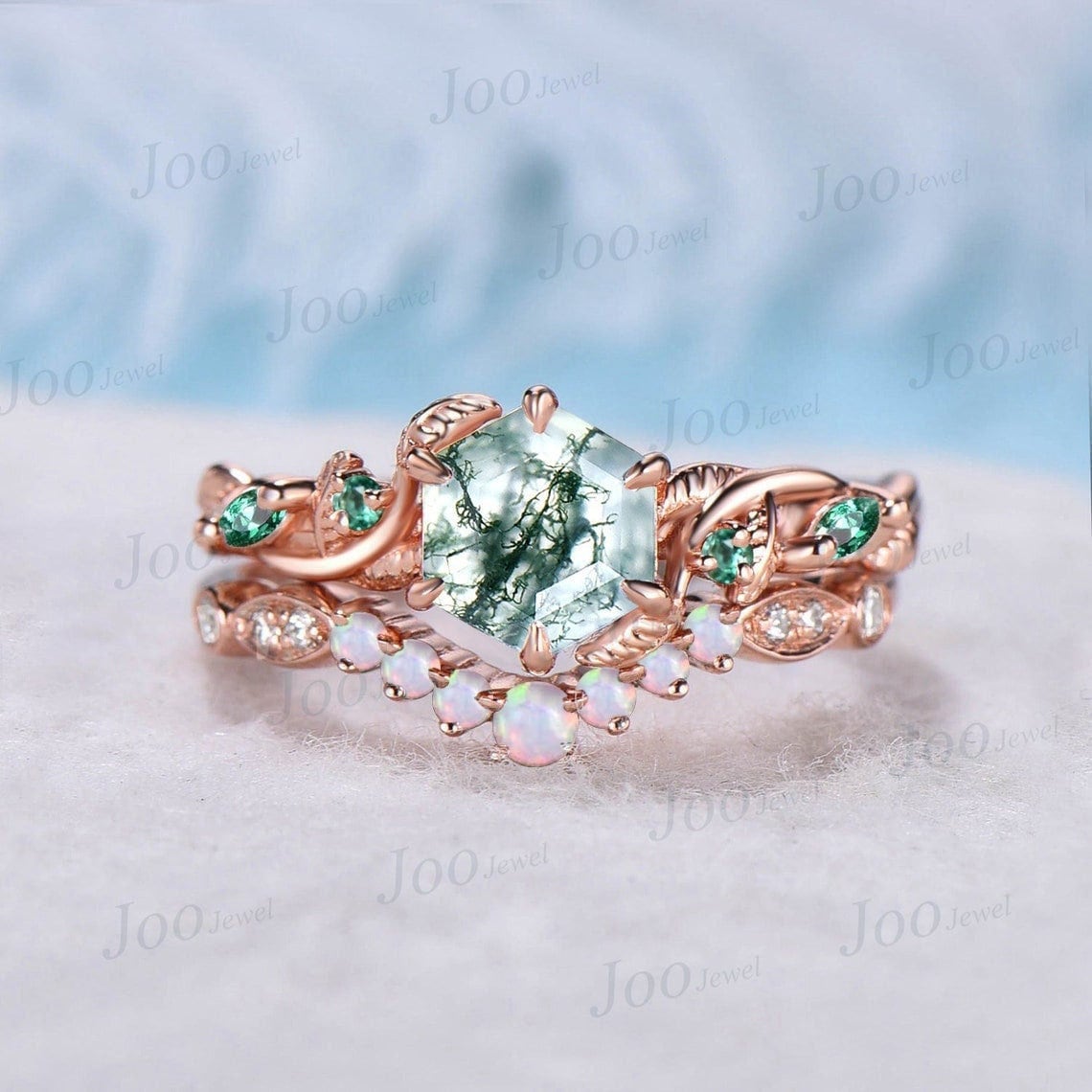 1ct Branch Leaves Moss Agate Ring 14K Rose Gold Nature Inspired Moss Agate Engagement Ring Set Emerald Opal Wedding Ring Unique Propose Gift