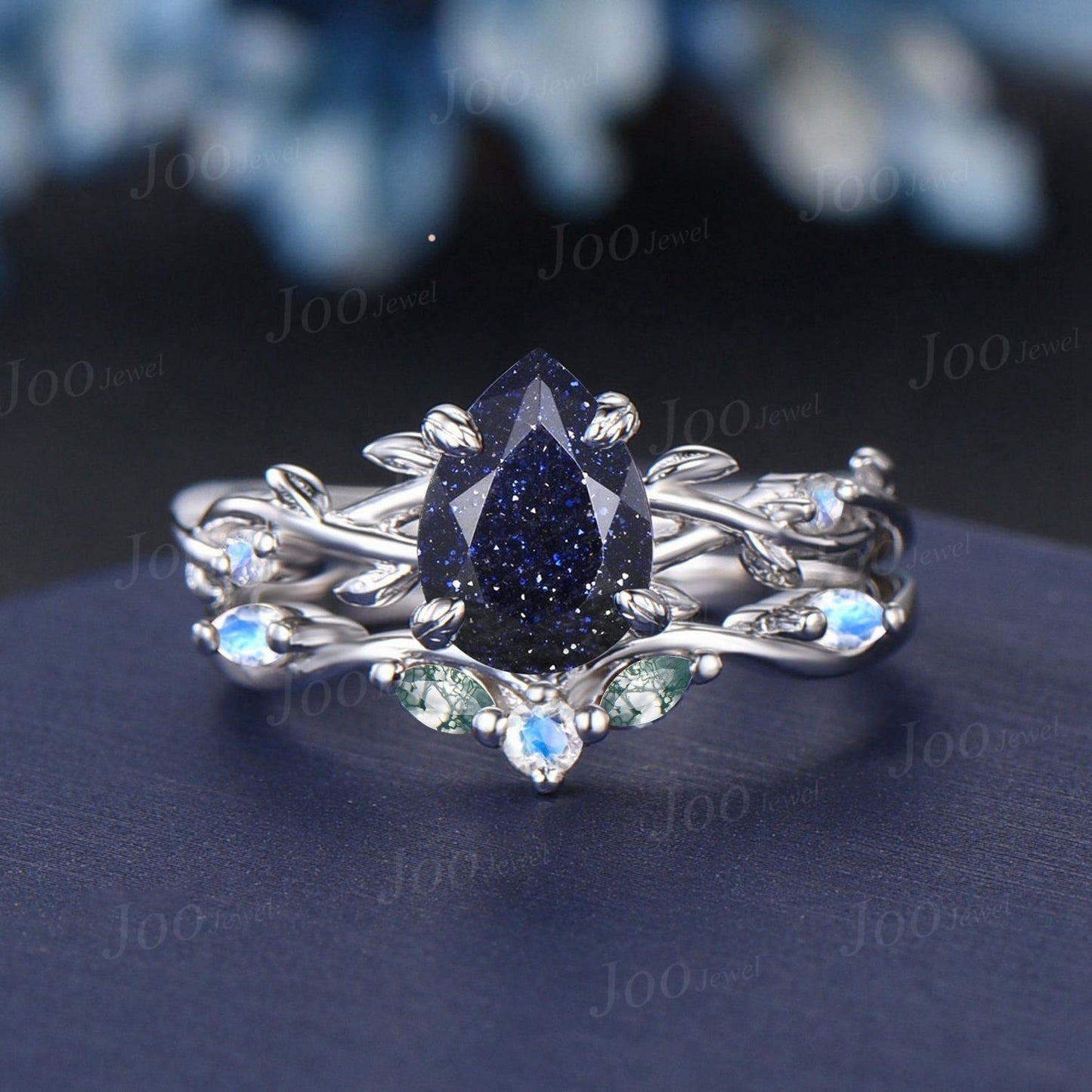 1.25ct Nature Inspired Pear Galaxy Blue Sandstone Moonstone Bridal Set Unique Twig Vine Teardrop Blue Goldstone Alexandrite Wedding Ring
