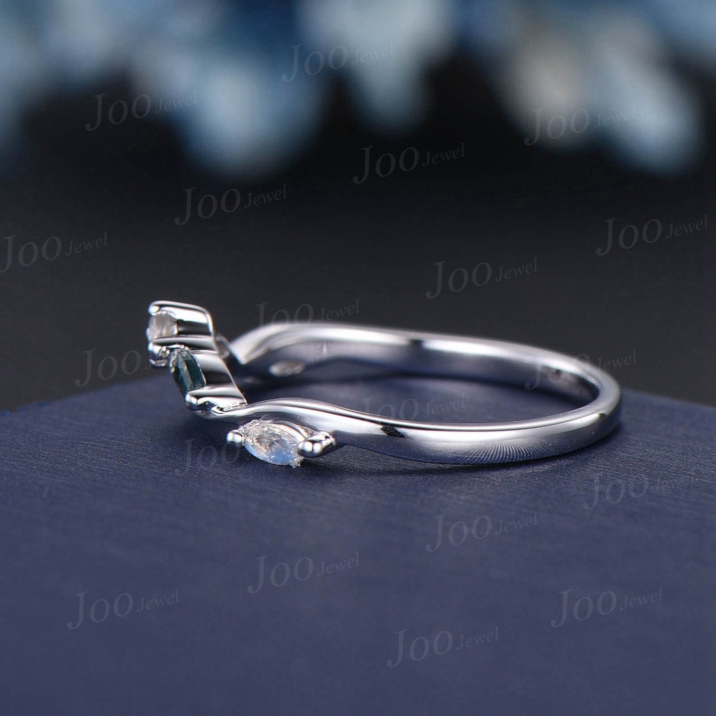Marquise Natural Moonstone Moss Agate Contour Wedding Band 10K White Gold Moss Nesting Band Vintage Stacking Matching Bridal Gift for Women