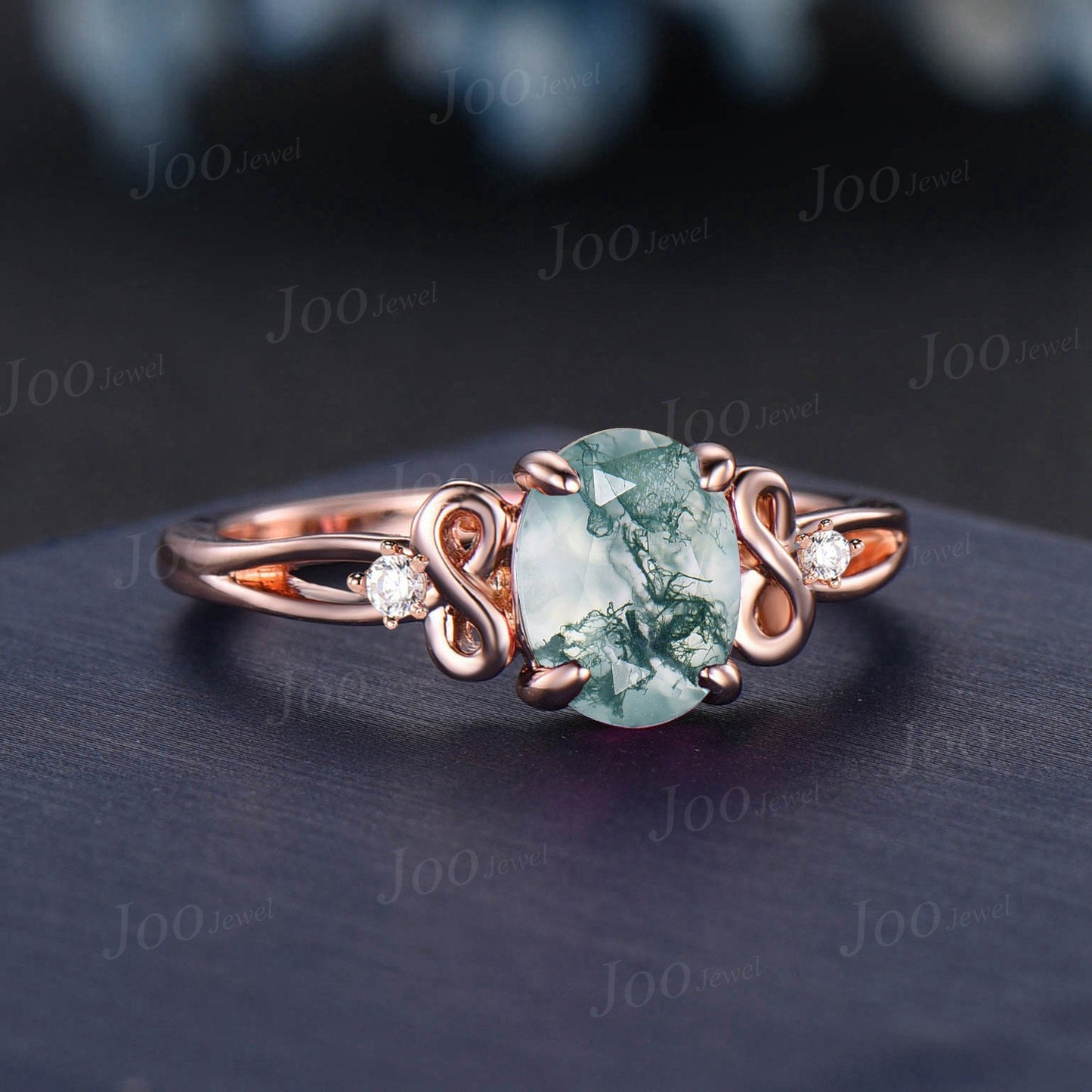 Infinity Twist Natural Green Moss Agate Endless Love Wedding Ring 1.5ct Oval Aquatic Agate Infinity Engagement Ring Handmade Proposal Gifts