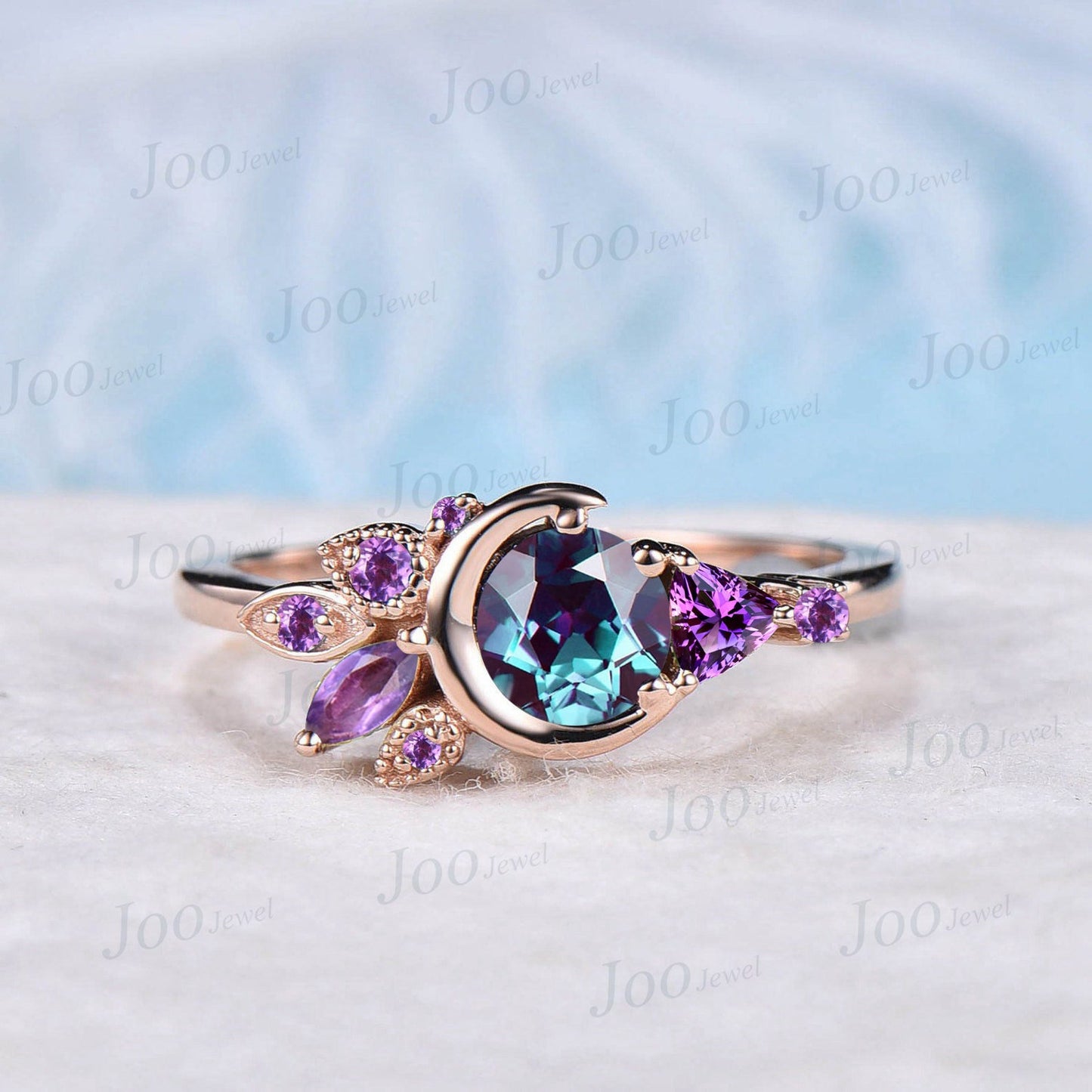Unique 5mm Round Color-Change Alexandrite Ring 10K Rose Gold Celestial Moon Alexandrite Engagement Ring Cluster Purple Amethyst Promise Ring