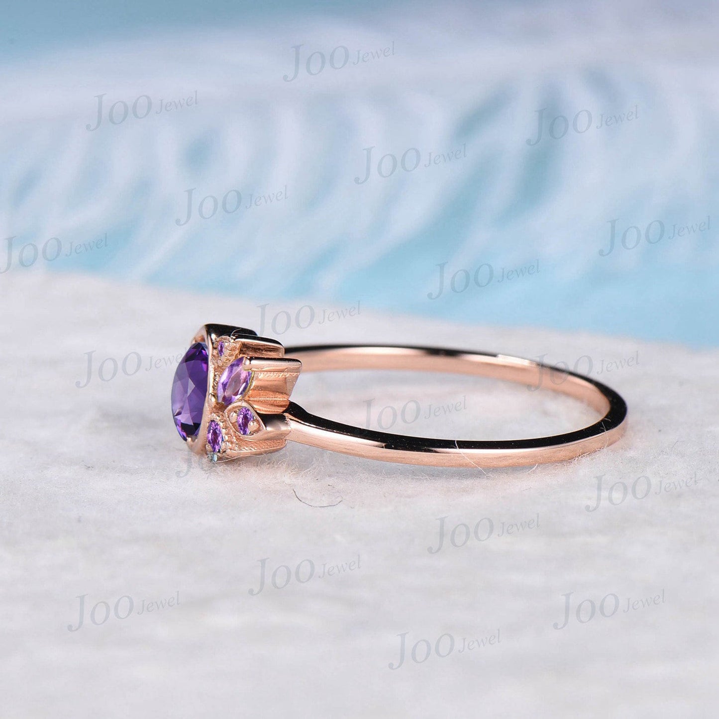 Round Natural Amethyst Engagement Ring Rose Gold Celestial Moon Wedding Ring Cluster Crystal Purple Amethyst Ring February Birthstone Gifts