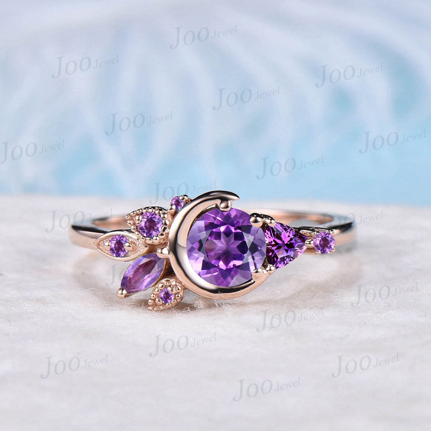 Round Natural Amethyst Engagement Ring Rose Gold Celestial Moon Wedding Ring Cluster Crystal Purple Amethyst Ring February Birthstone Gifts