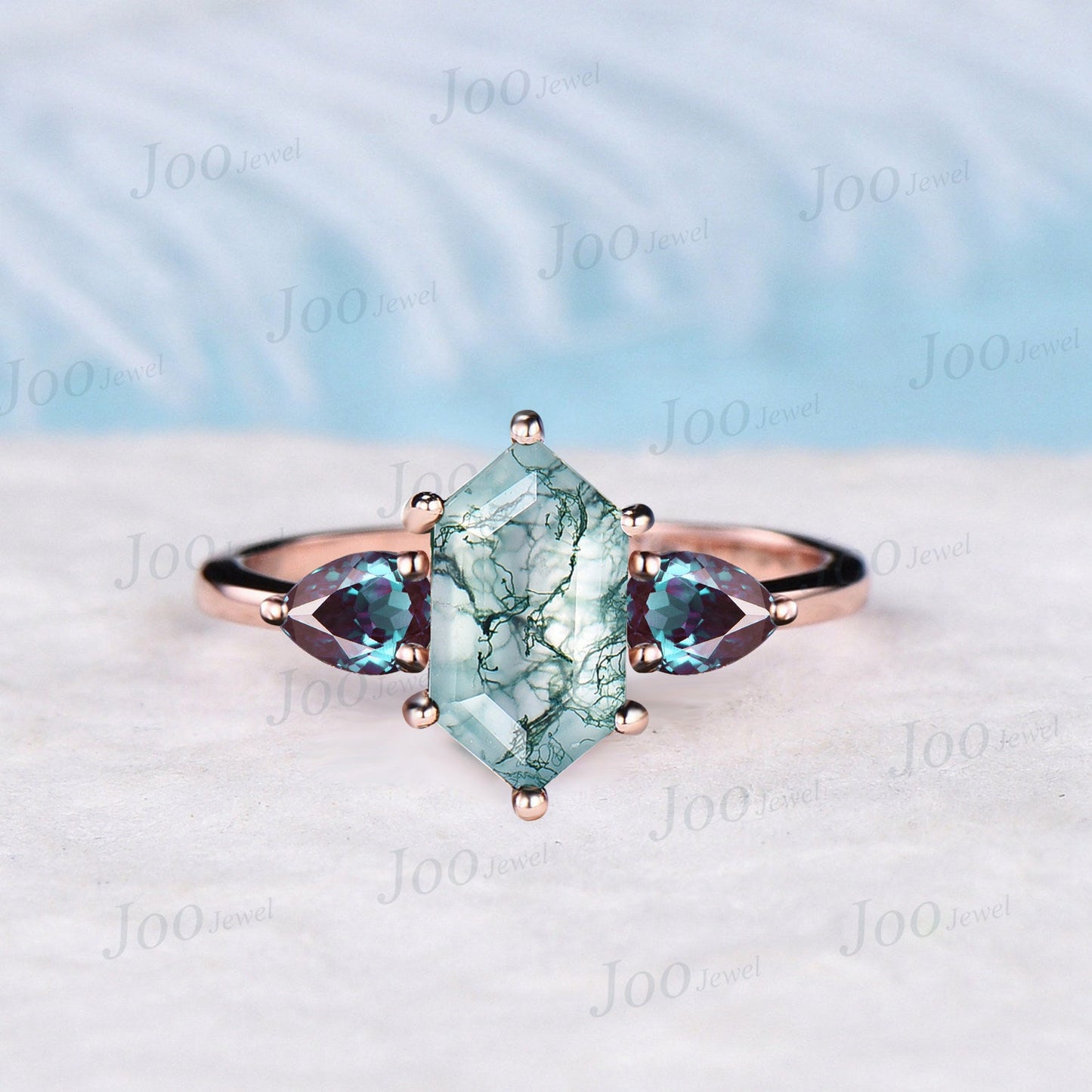 Elongated Hexagon Cut Natural Moss Agate Engagement Ring Unique Green Gemstone Ring Pear Alexandrite Wedding Ring Three Stone Ring for Women